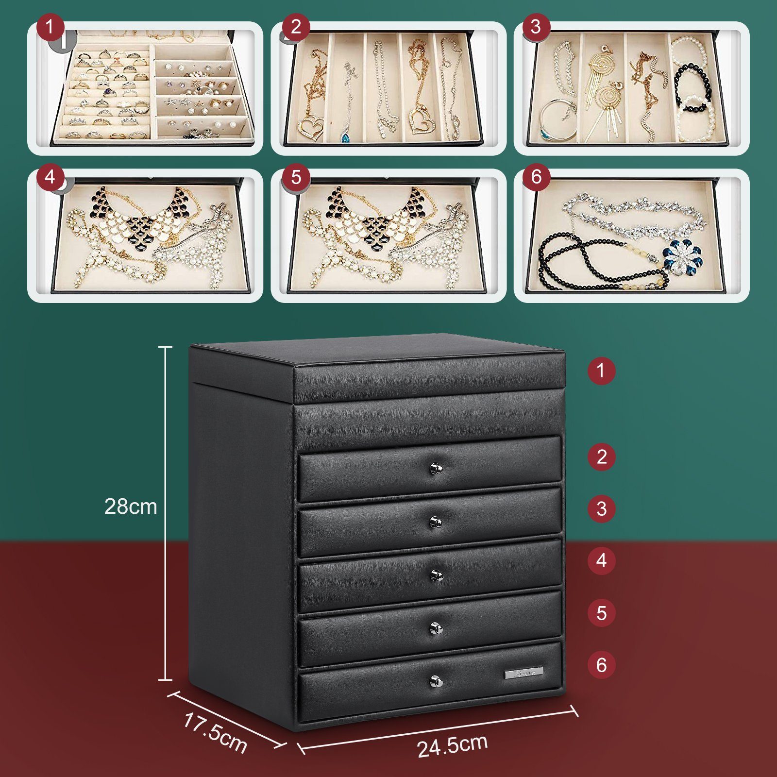 Yorbay Schmuckkasten Schmuckkästchen mit 6 Ebenen, 5 Schubladen (Mit Spiegel), zwei Farben, für Halsketten, Ringe, Armbänder, Ohrringe