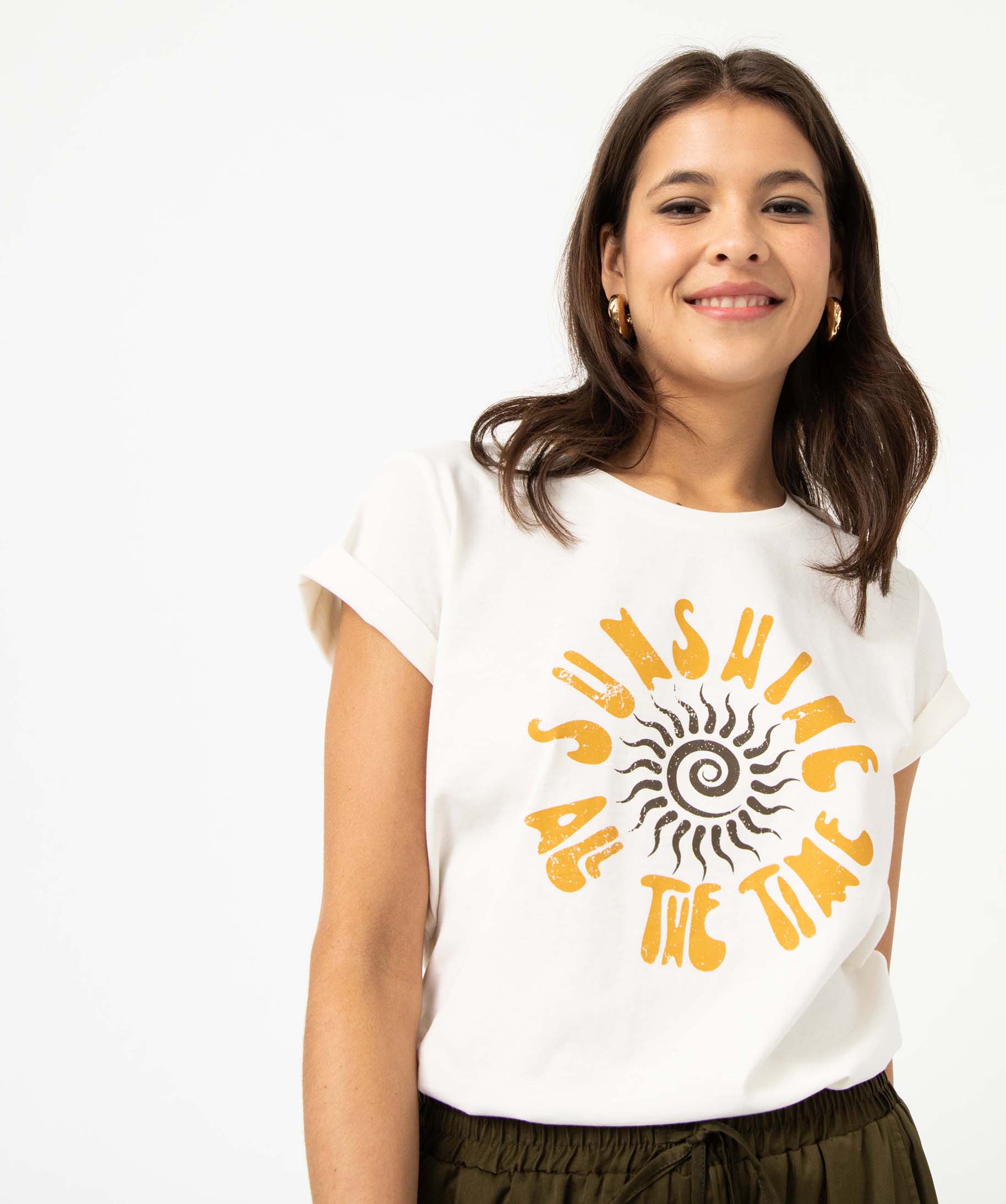 Tee-shirt femme imprimé à manches courtes beige | GEMO