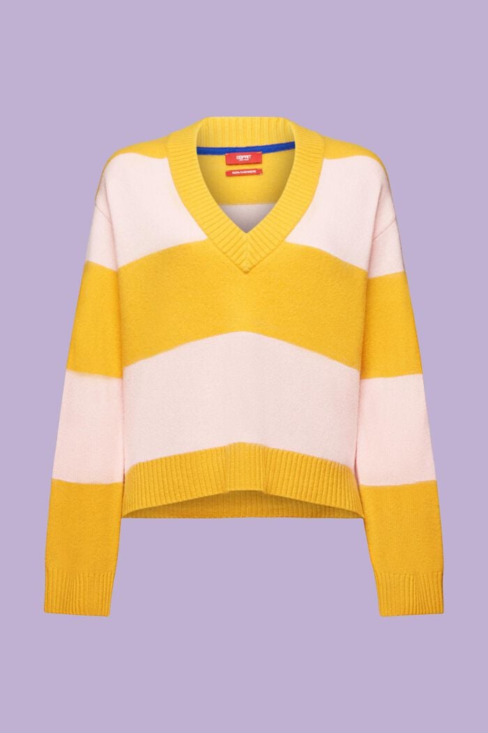 Kaschmirpullover mit Rugbystreifen und V-Ausschnitt