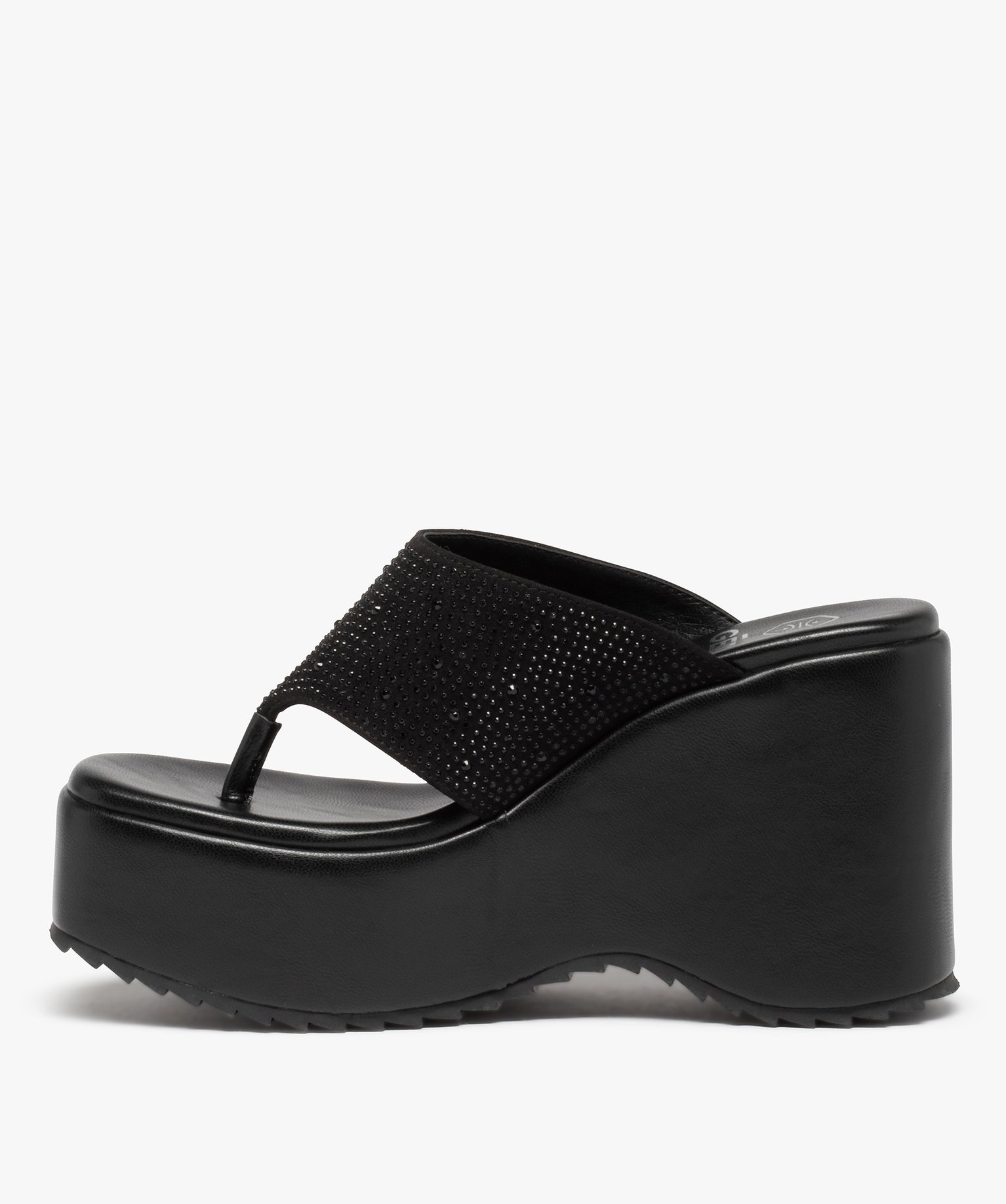 Mules femme compensées à entre-doigts orné de strass noir | GEMO