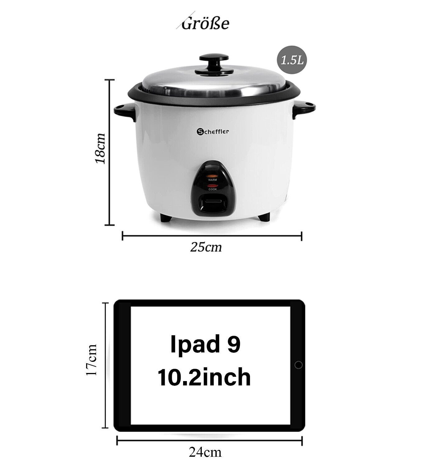 Scheffler Reiskocher 1.5L-4.2L, 800-1600 W, Warmhaltefunktion, Antihaftbeschichtet, inkl. Reislöffel + Messbecher, Deckel aus Edelstahl