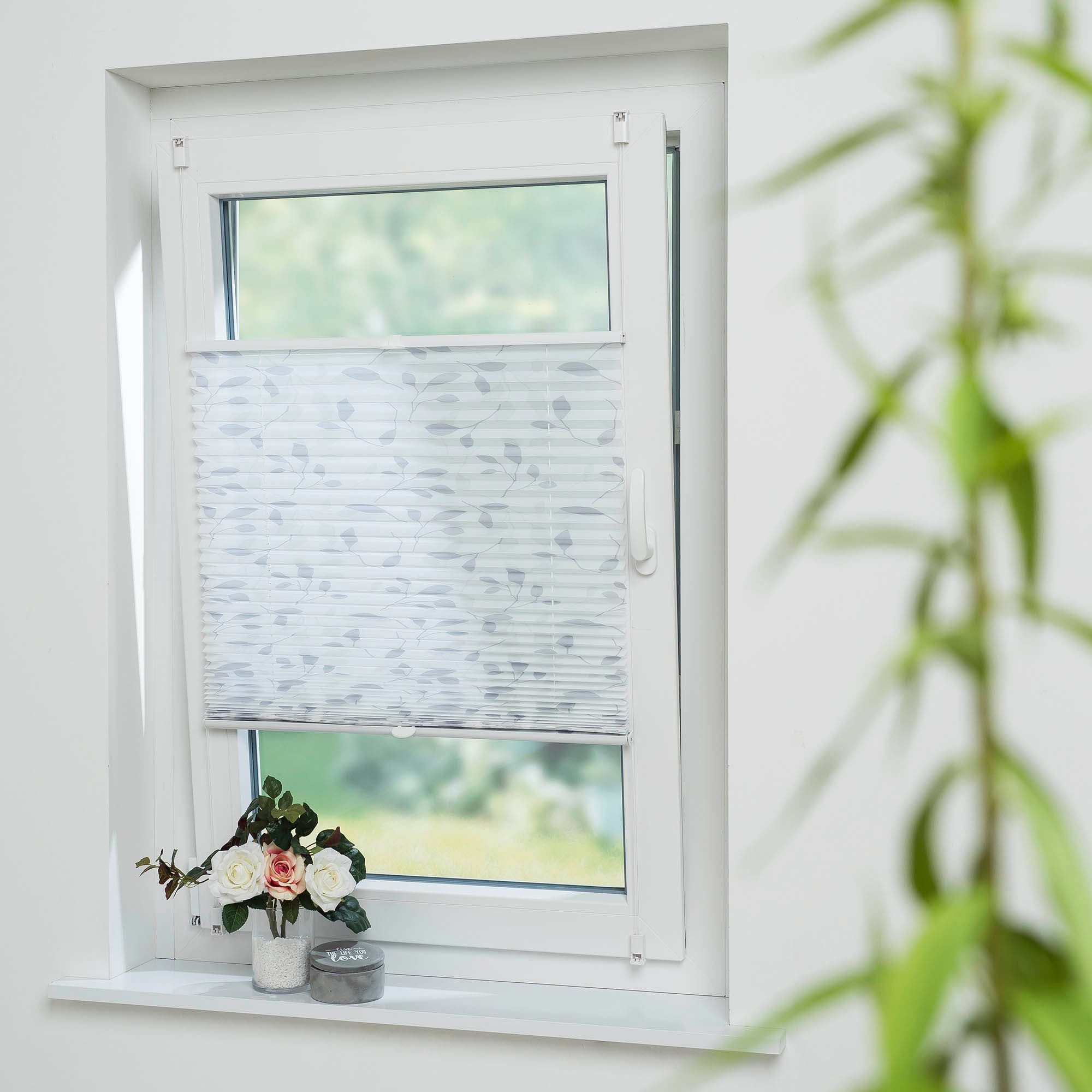 Plissee Blätter grau, Liedeco, Lichtschutz, ohne Bohren, verspannt, Klemmfix