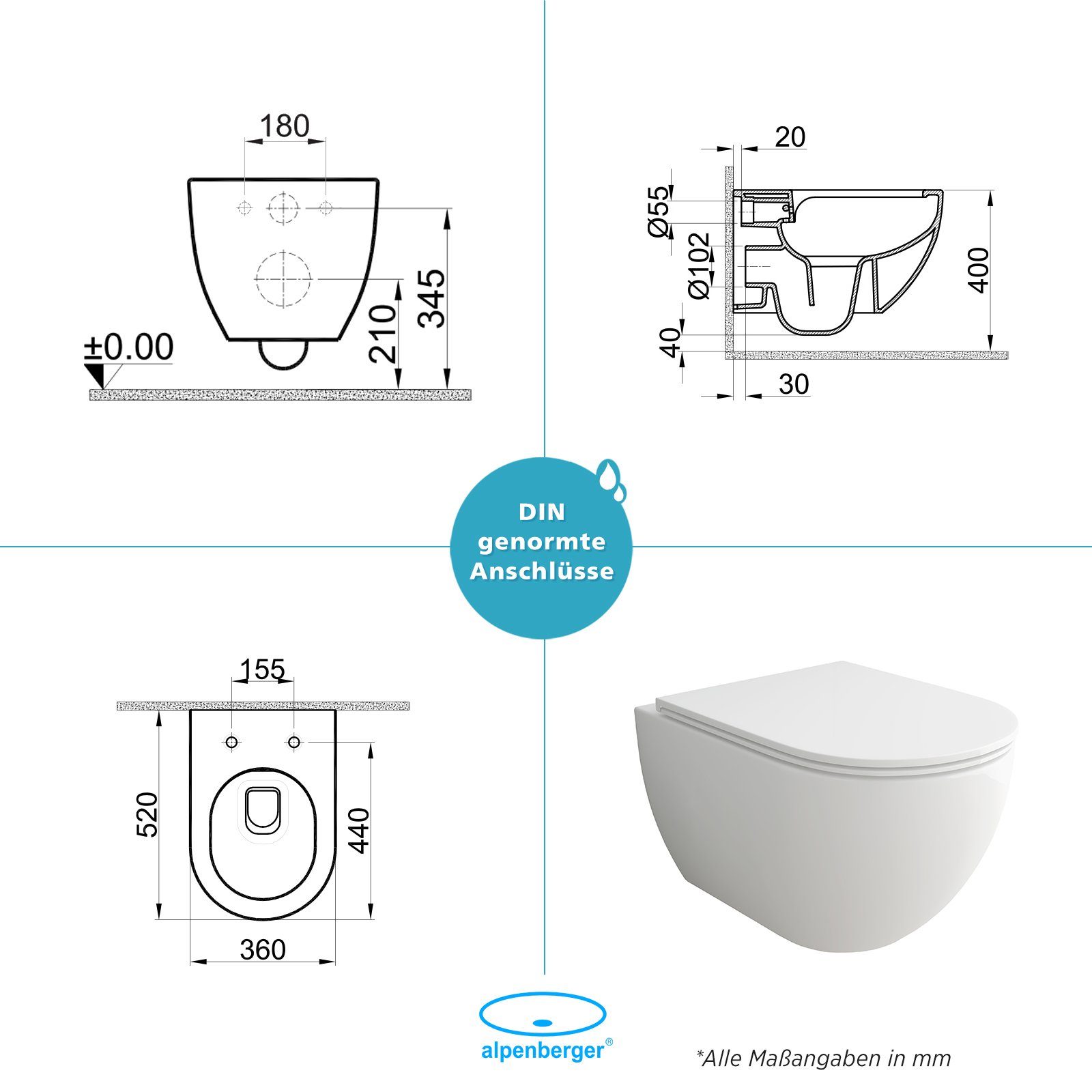 Alpenberger Dusch-WC - Bidet WC - Spülrandloses WC mit Nano Beschichtung, Wandmontage, Abgang Waagerecht, Toilette Komplett-Set, Hänge WC - Taharet WC mit WC Deckel Softclose - Made in Europa