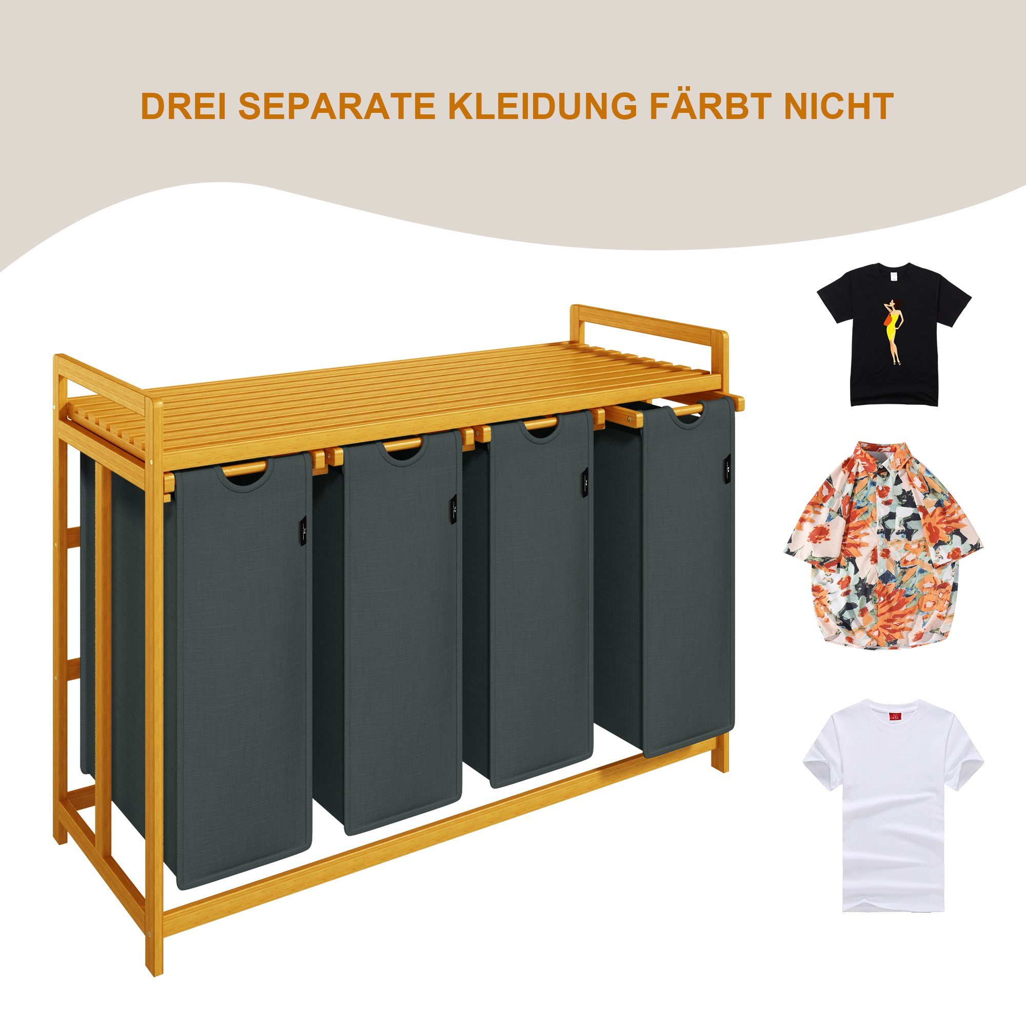 AdelDream Wäschekorb mit Bambusrahmen,200 l, 4 Fächer,Wäschesortierer