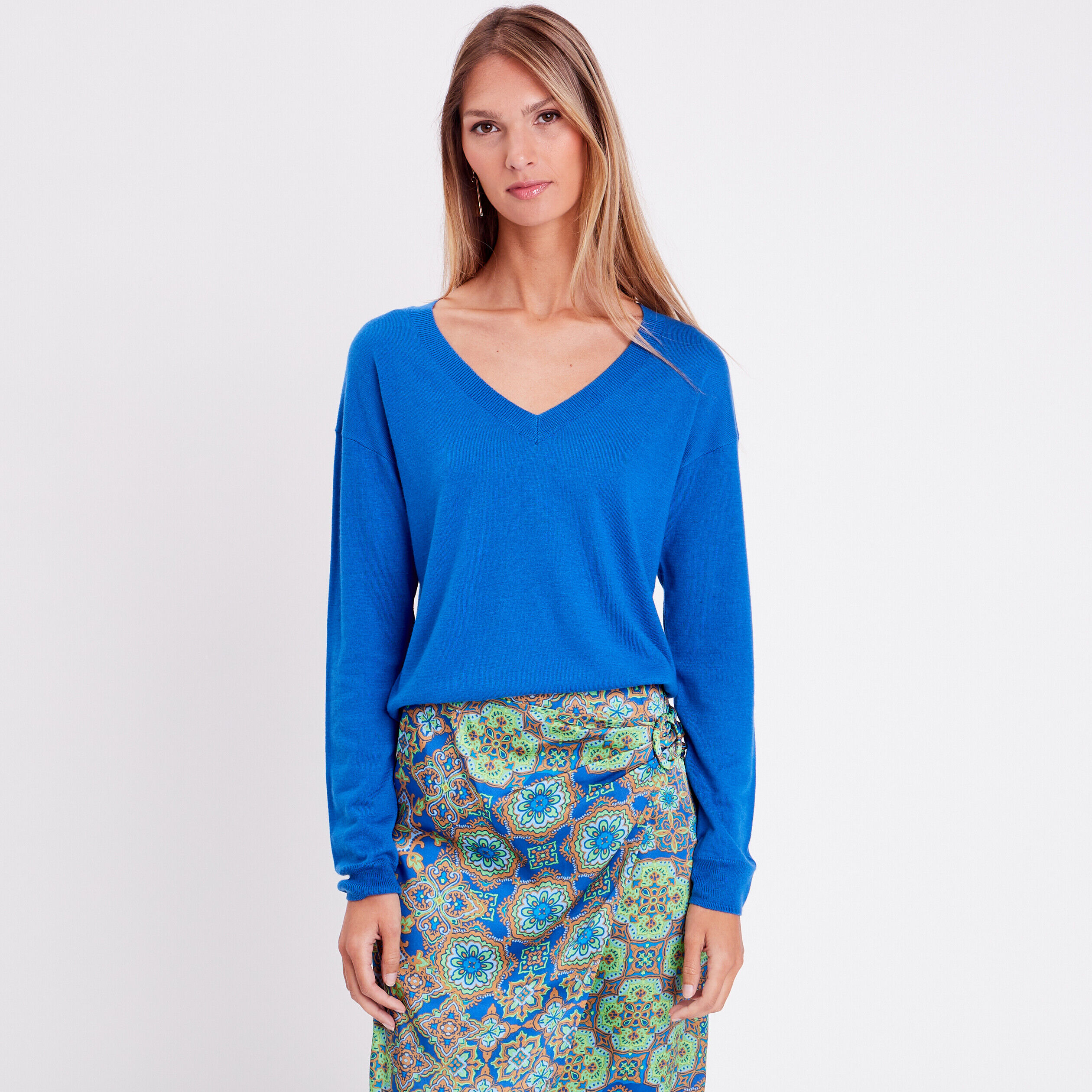 Pull col en V bleu roi femme | Cache Cache