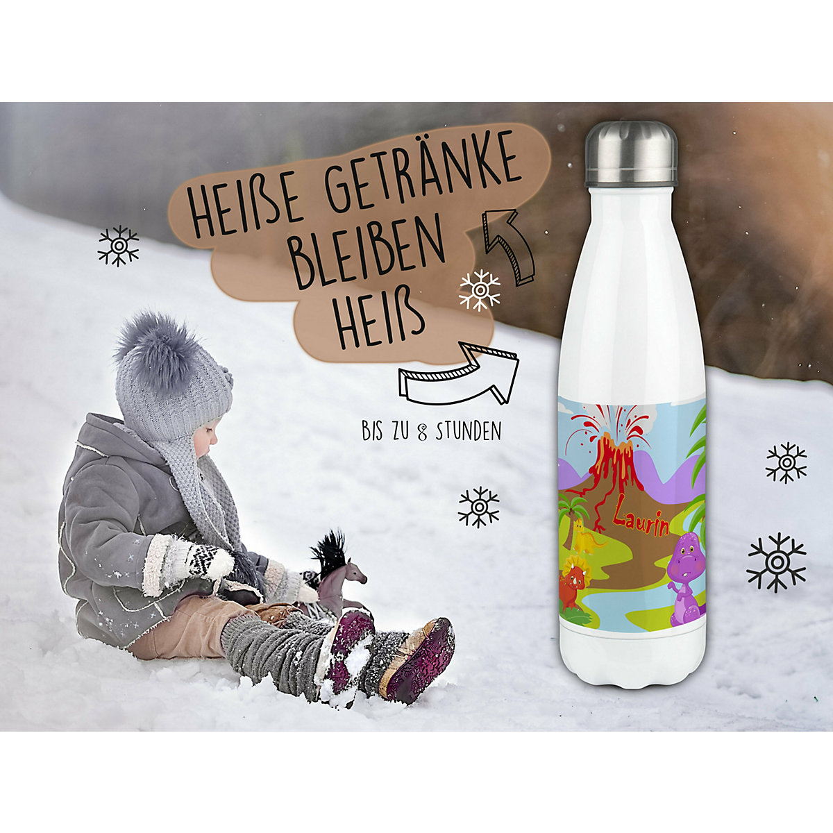 Edelstahl Kinder Thermoflasche / Trinkflasche bunt Dino Spülmaschinenfest, Auslaufsicher, Bruchfest, Doppelwandig, Für Heißgetränke geeignet, Mit Deckel, Isoliert