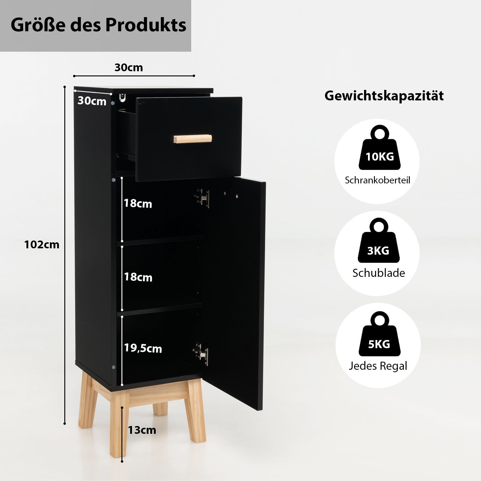 COSTWAY Badkommode, mit Schublade, Tür&Fächern, freistehend, 30x30x102cm