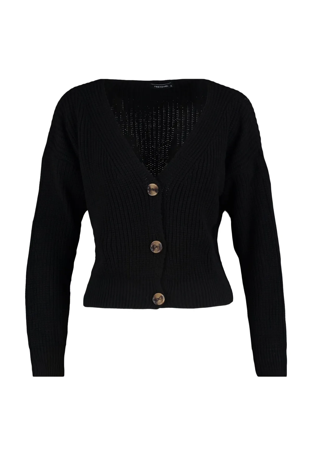 Trendyol Collection  Schwarzer Strickcardigan mit V-Ausschnitt und weiter Passform TWOAW21HI0251