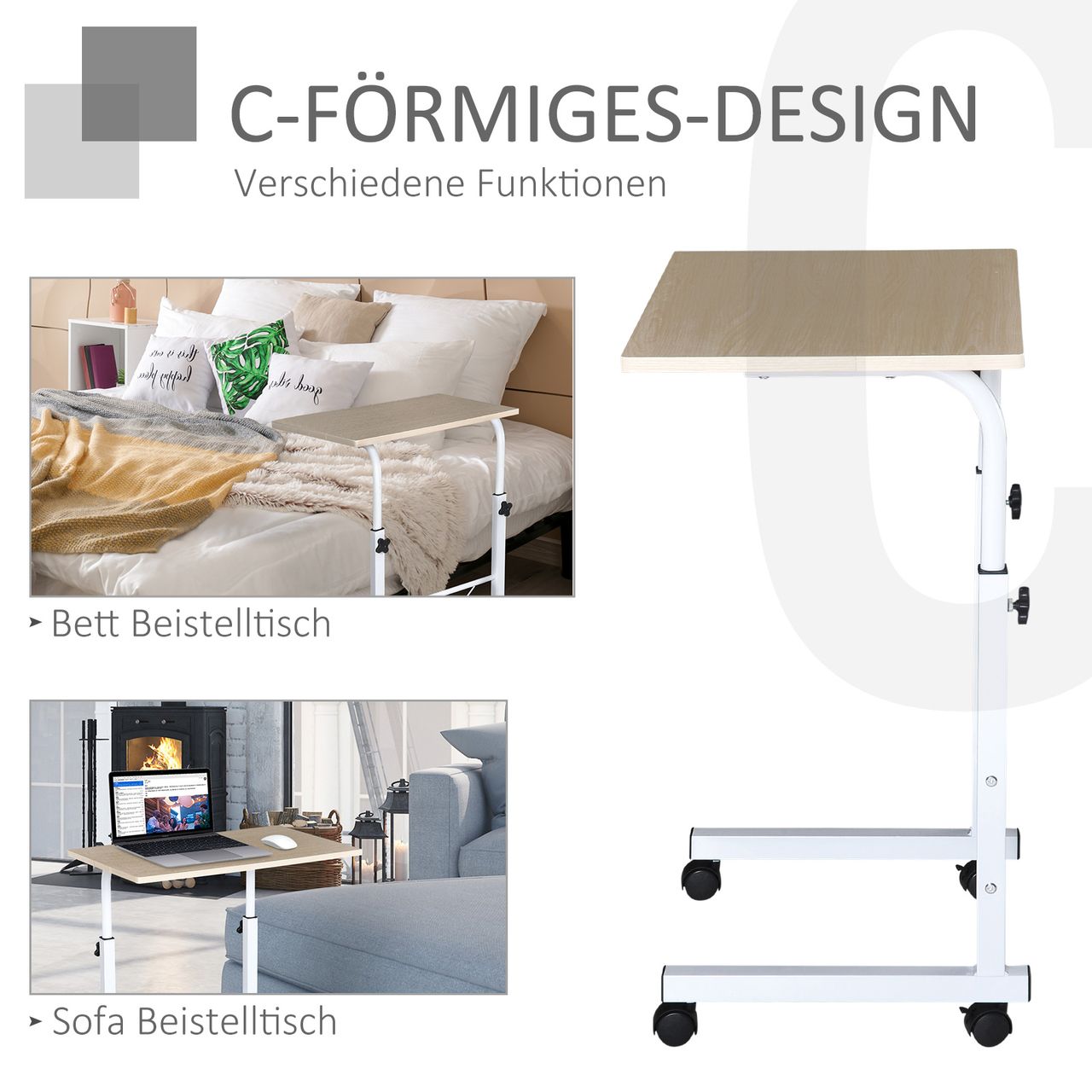 HOMCOM Beistelltisch höhenverstellbarer Couchtisch mobiler Endschreibtisch mit Rädern Feststellbremsen C-Tische Spanplatte Stahl Eisen Kunststoff Weiße Ahornfarbe 60 x 40 x 68-78 cm