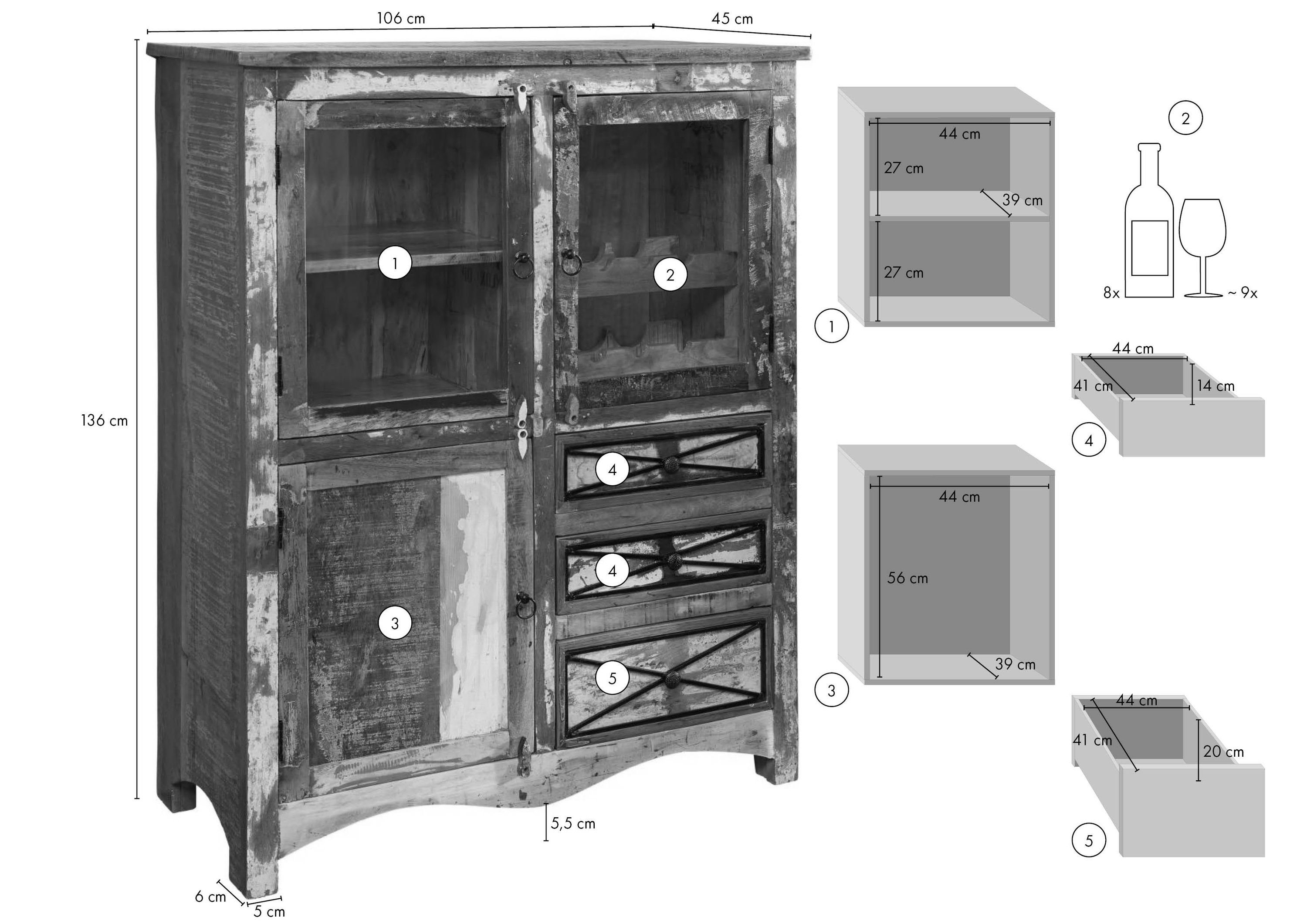 Massivmoebel24 Highboard Highboard Altholz 106x45x136 mehrfarbig lackiert NATURE OF SPIRIT #113