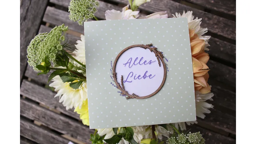 Grußkarte Druck mit Holzschriftzug Alles Liebe Lavendel