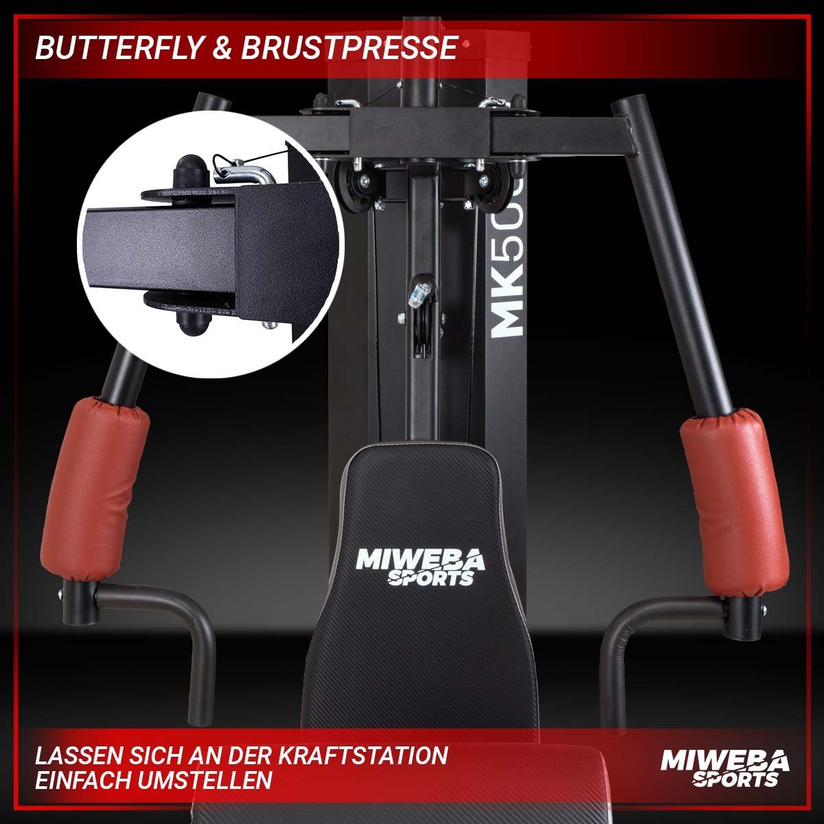 Miweba Sports Kraftstation 50in1 Profi Fitnessstation MK500 Pro - 60 kg Gewichtblock & Butterfly, 14 Gewichtsblöcke (Brustpresse, multifunktionale Kraftstation für zuhause, Fitness Power Station, Sportgeräte für zuhause, Workout, Krafttraining, 50-tl