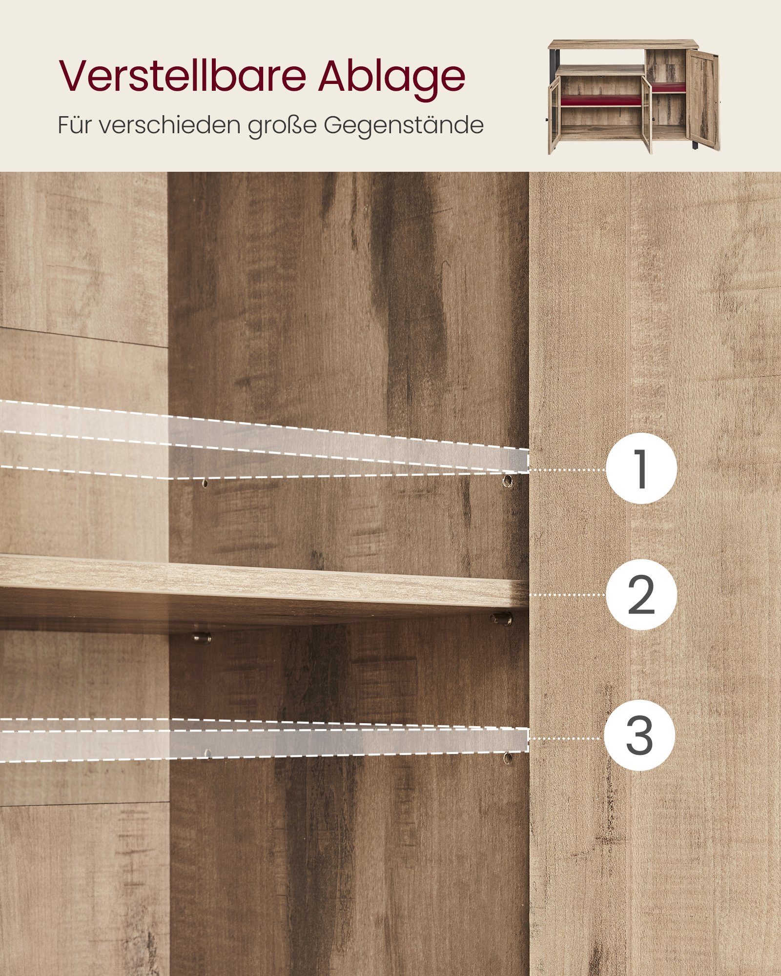 VASAGLE Sideboard Küchenschrank, Kommode, 110 x 33 x 75 cm, mit 3 Türen