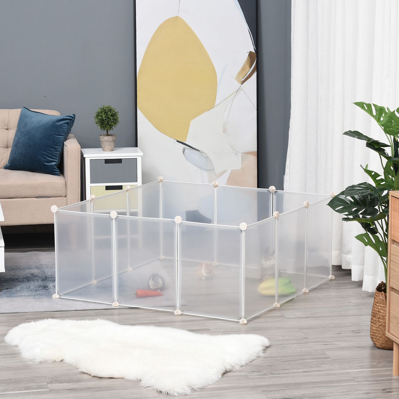 PawHut Freilaufgehege Laufgitter DIY Freigehege Gittergehege Absperrgitter Kleine Haustiere Laufstall für Innen 12 Platten Weiß Metall PP-Harz 105 x 105 x 45 cm
