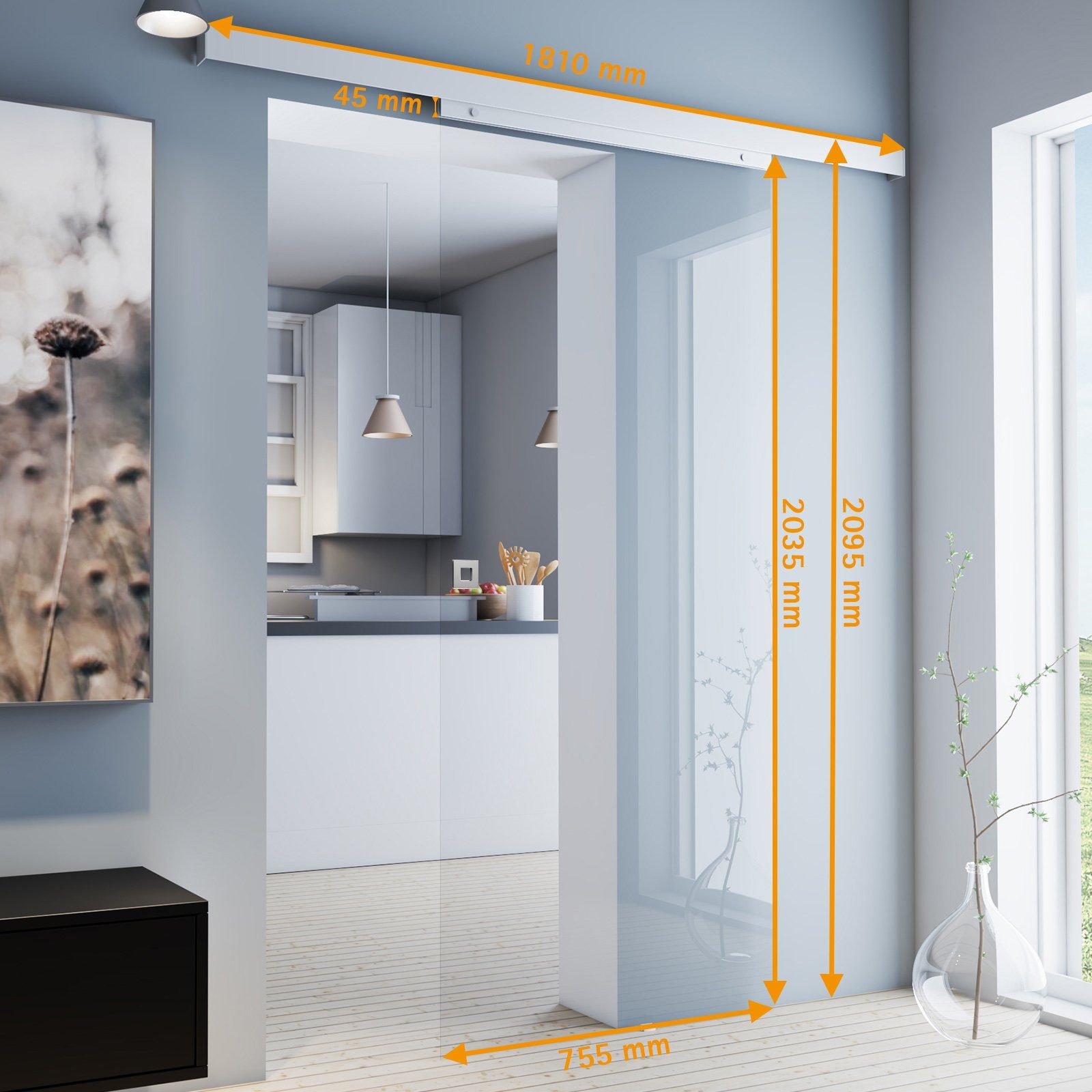 inova wohnen Glasschiebetür Klarglas (inkl. Quadratgriff und Schienensystem), 75,5 x 203,5 cm