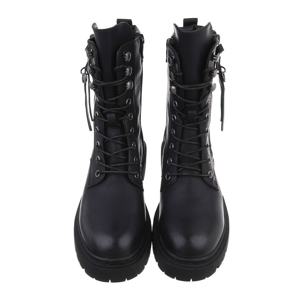 Ital-Design Damen Schnürschuhe Freizeit Schnürstiefelette Blockabsatz Plateaustiefeletten in Schwarz