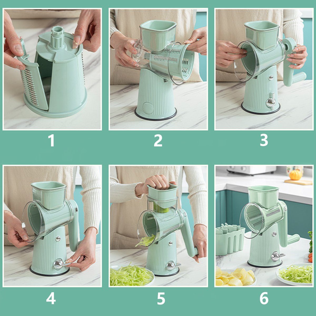 HYIEAR Gemüsehobel 5 in 1, Manuelle Gemüseschneider mit 10 Abnehmbare Klinge, Kunststoff, (Set, 12-St., 5 Klingentypen), zum 2-3mm Grobraspeln, 2,5mm Flocken, Wellenschneiden, Mahlen