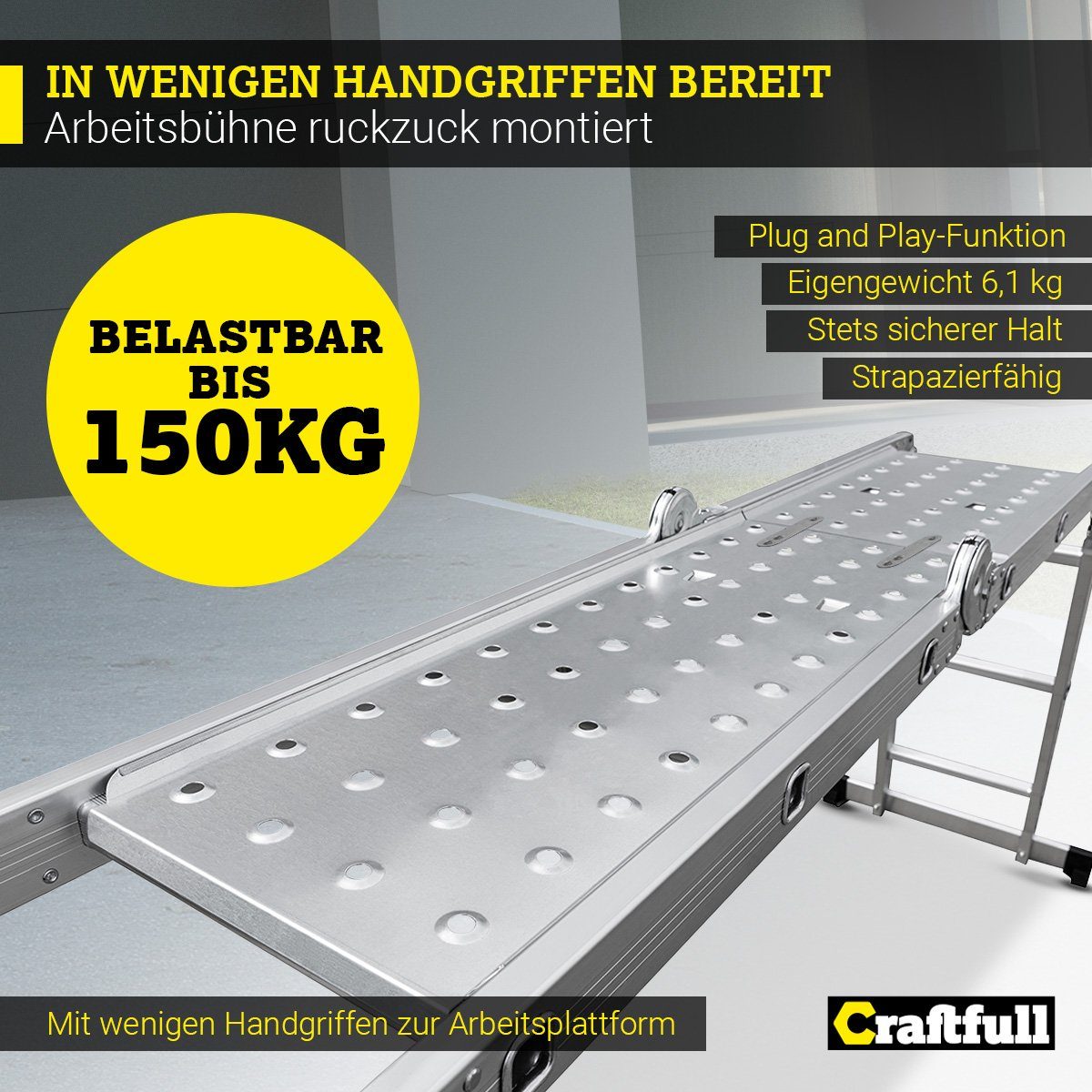 Craftfull Arbeitsplattform Alu-Plattform (einzeln) FÜR Mehrzweckleiter CF-104A - 3 J. Garantie, (4x3 - 4x4 - 4x5 Sprossen - 150 kg Traglast, 2-St., Plug & Play-Funktion, Anti-Rutsch-Standfläche, Aluminium), Arbeitsbühne für Stehleiter Klappleiter Gel