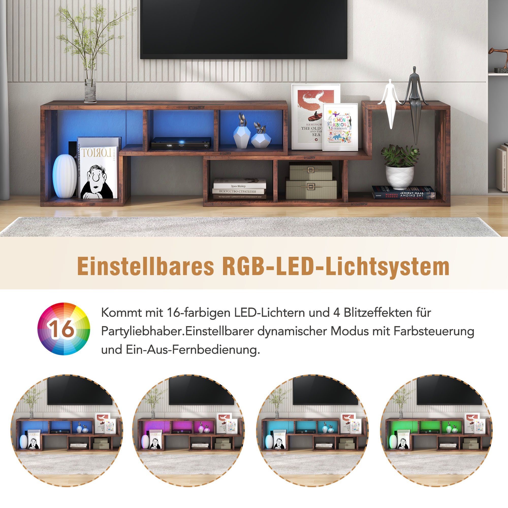 REDOM TV-Schrank Lowboard,verstellbar mit LED-Beleuchtung Bücherregal, TV-Ständer