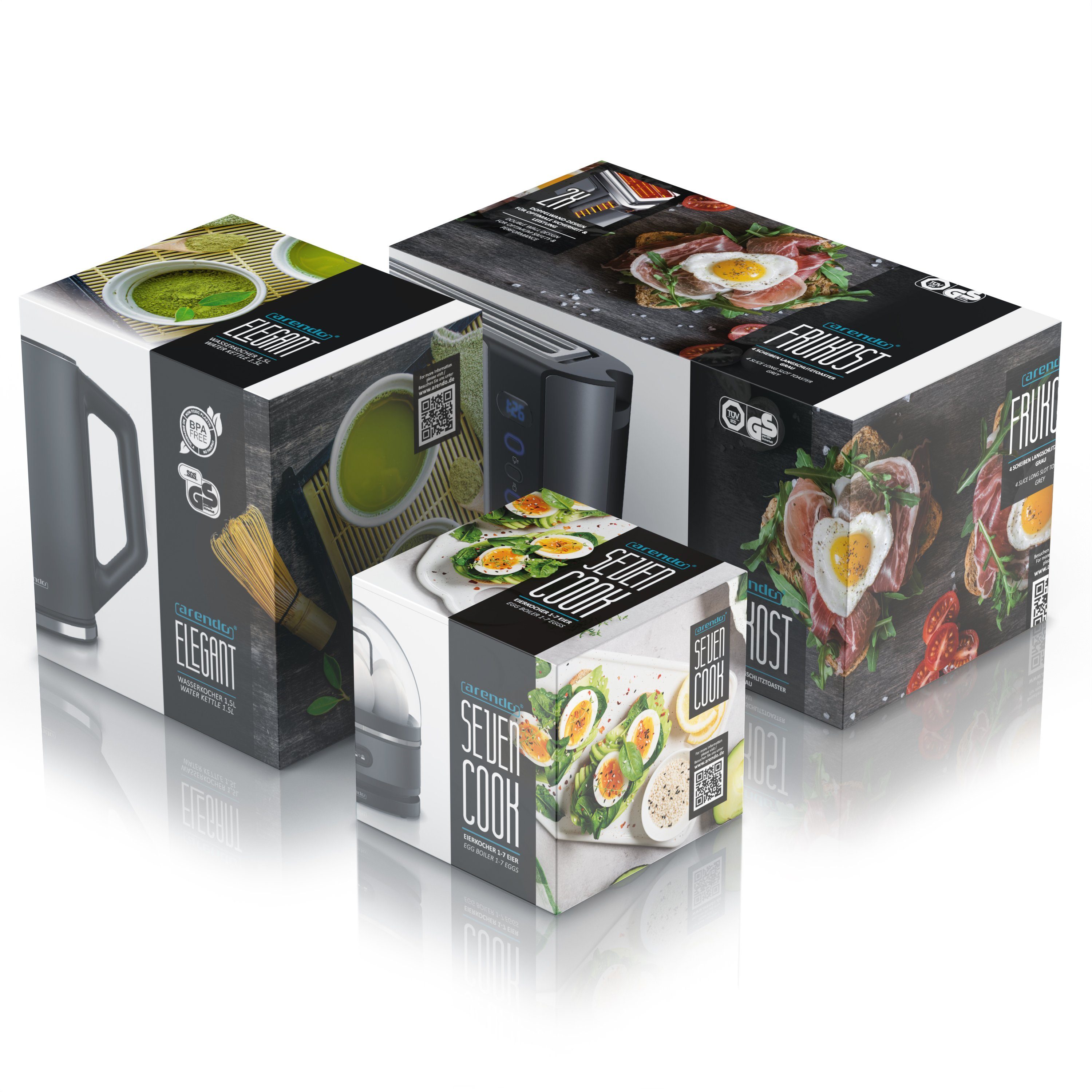Arendo Frühstücks-Set (3-tlg), Wasserkocher 1,5l, 4-Scheiben Toaster, 7er Eierkocher, Grau