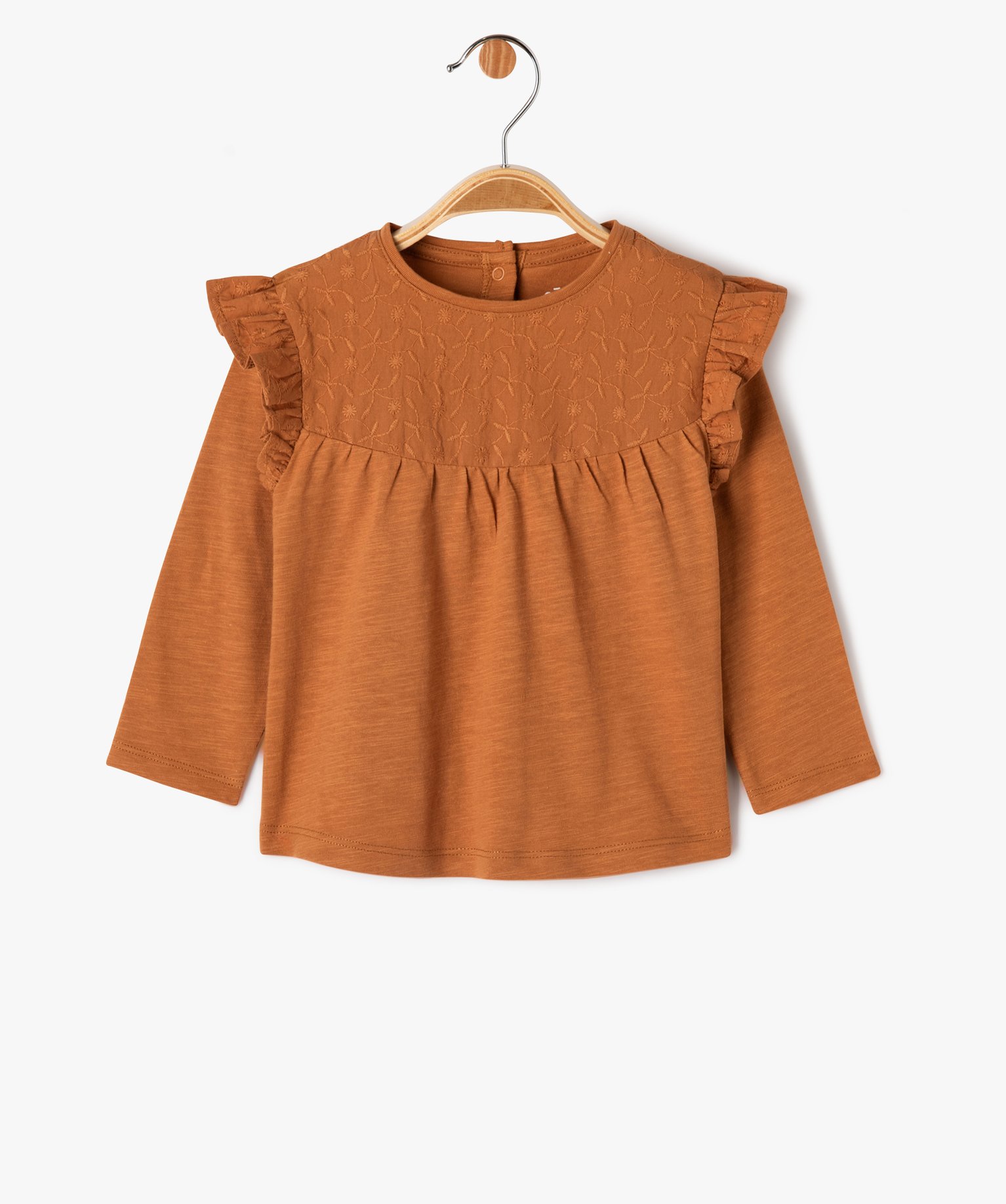 Tee-shirt manches longues volantées à plastron brodé béb... marron | GEMO