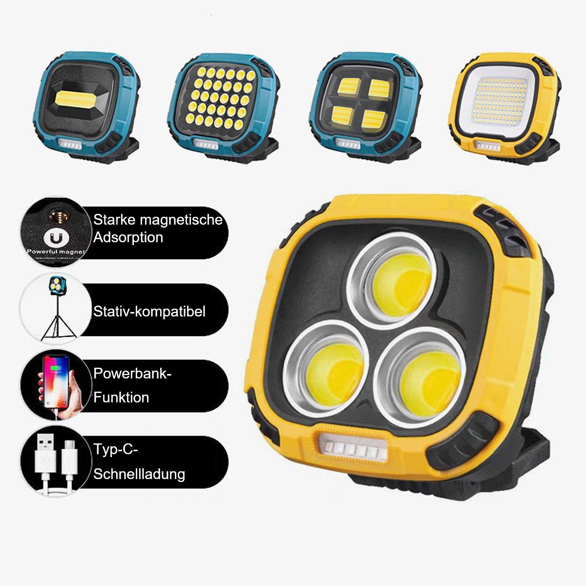 yozhiqu Baustrahler Neue funktionierende COB-Campingleuchte mit eingebauter Batterie, Wiederaufladbare LED-Taschenlampe für Zelte im Freien