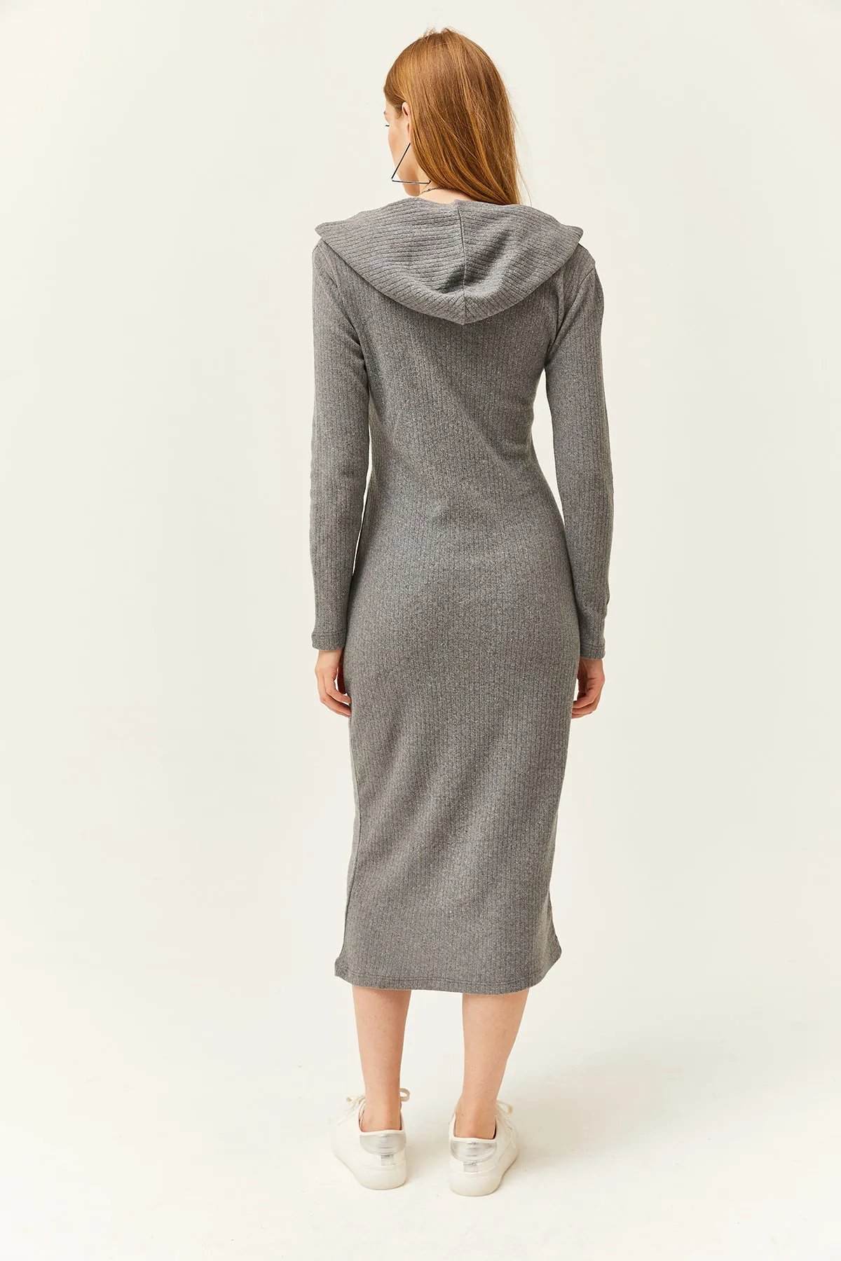 Olalook  Geräuchertes Midikleid mit Reißverschluss und Kapuze für Damen, dick gerippt, ELB-19002028