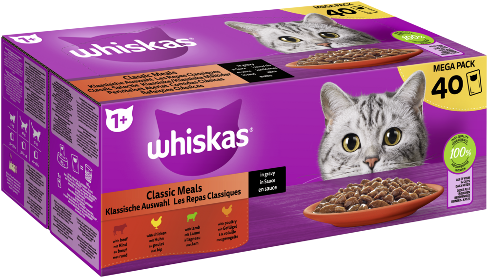 Whiskas Portionsbeutel Multipack Mega Pack 1  Klassische Auswahl in Sauce 40 x 85g