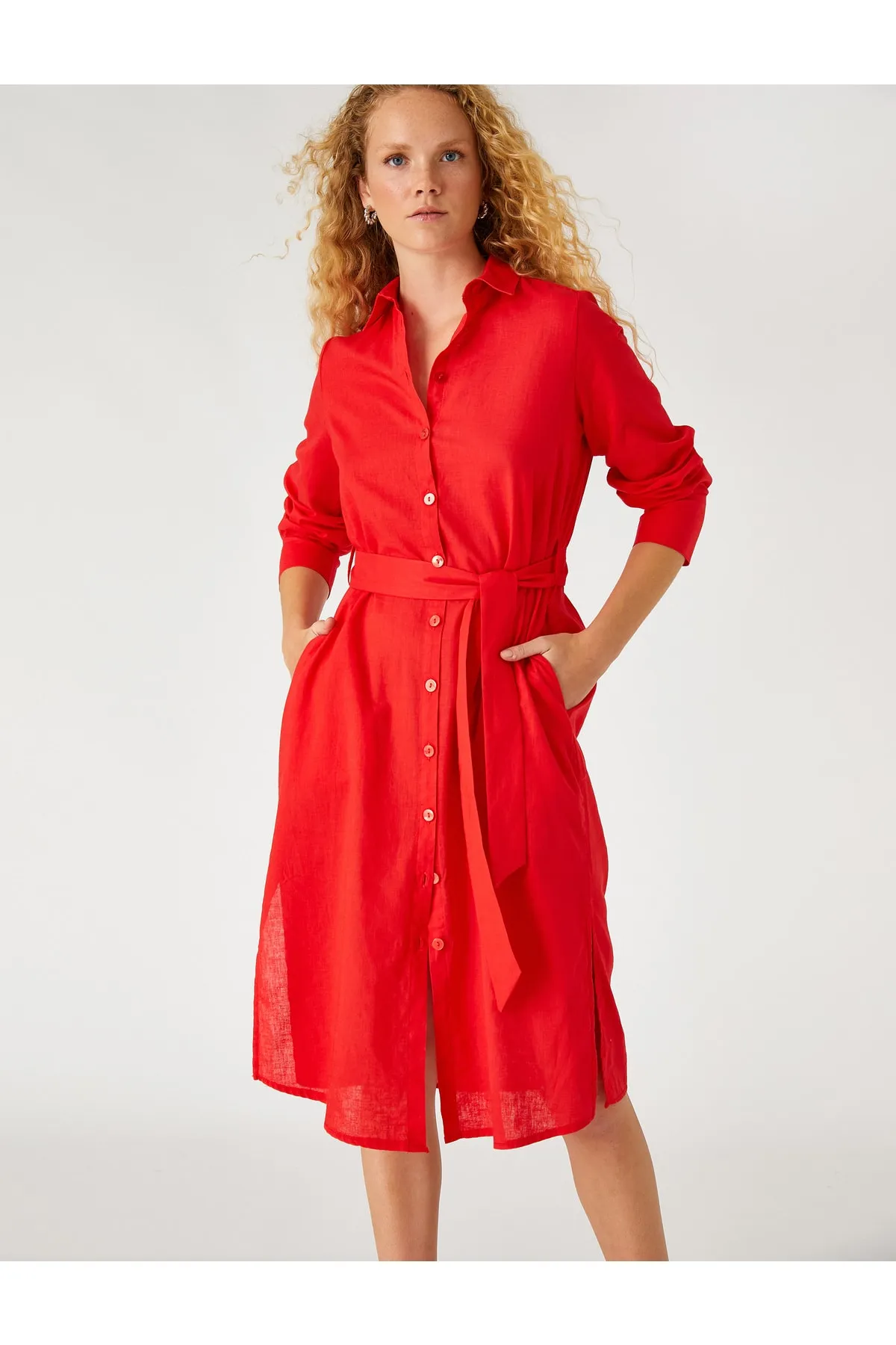 Koton  Midi-Hemdkleid aus Leinenmischung