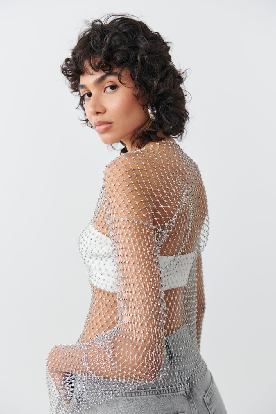 Fishnet rhinestone silver top