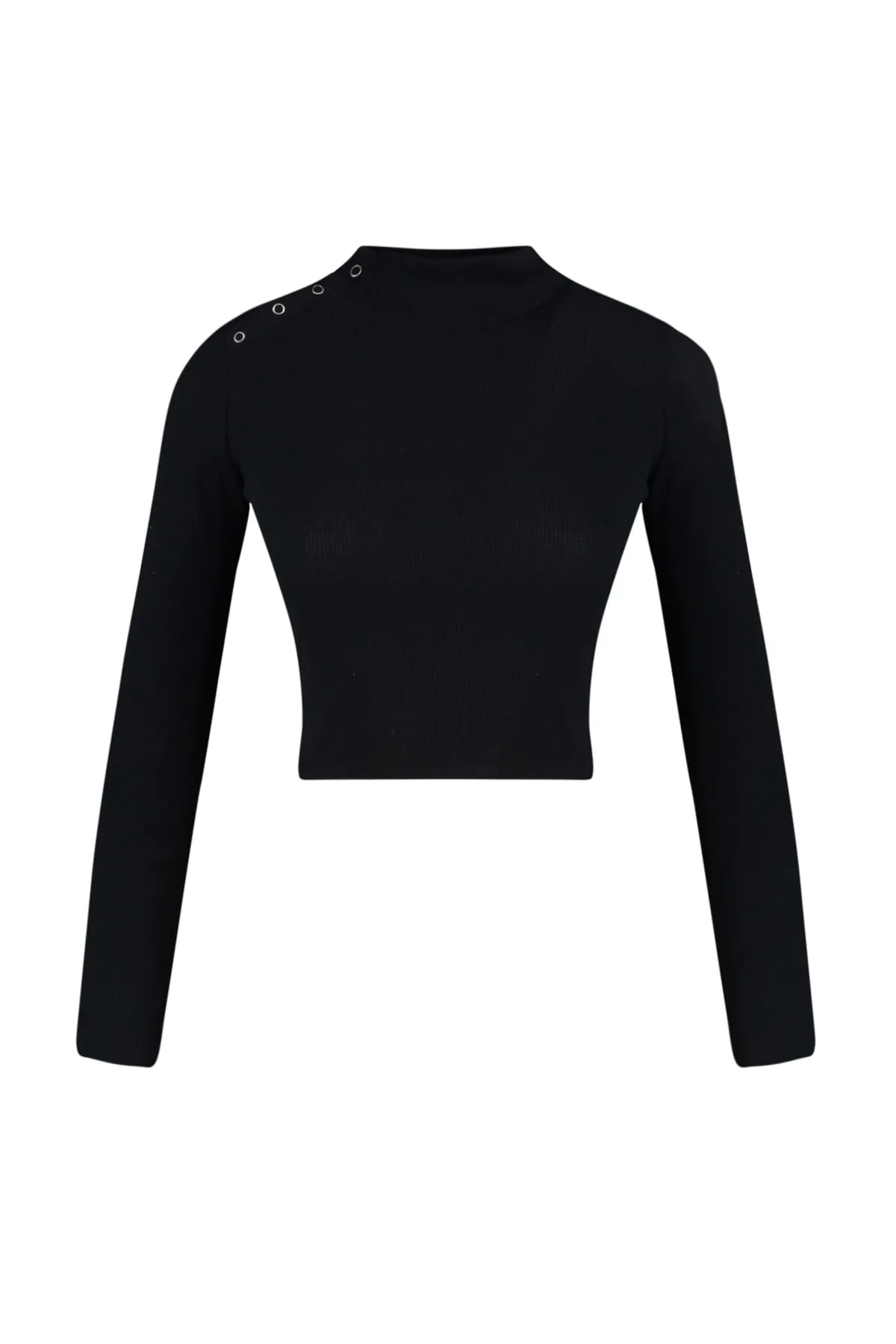 Trendyol Collection  Schwarze Crop-Strickbluse mit Druckknopfdetail am Kragen TWOAW23BZ00258