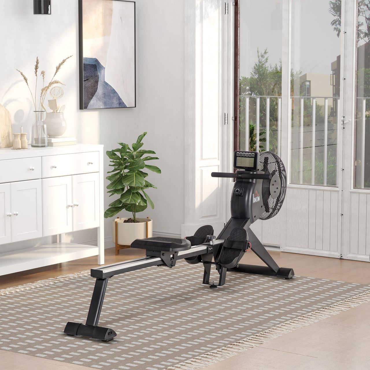 HOMCOM Rudergerät Rudersitz einklappbar Schwungmasse 2,5 kg mit 16 Widerstandsstufen für Zuhause Nutzergewicht bis 130 kg Stahl Schwarz 225 x 55 x 88 cm