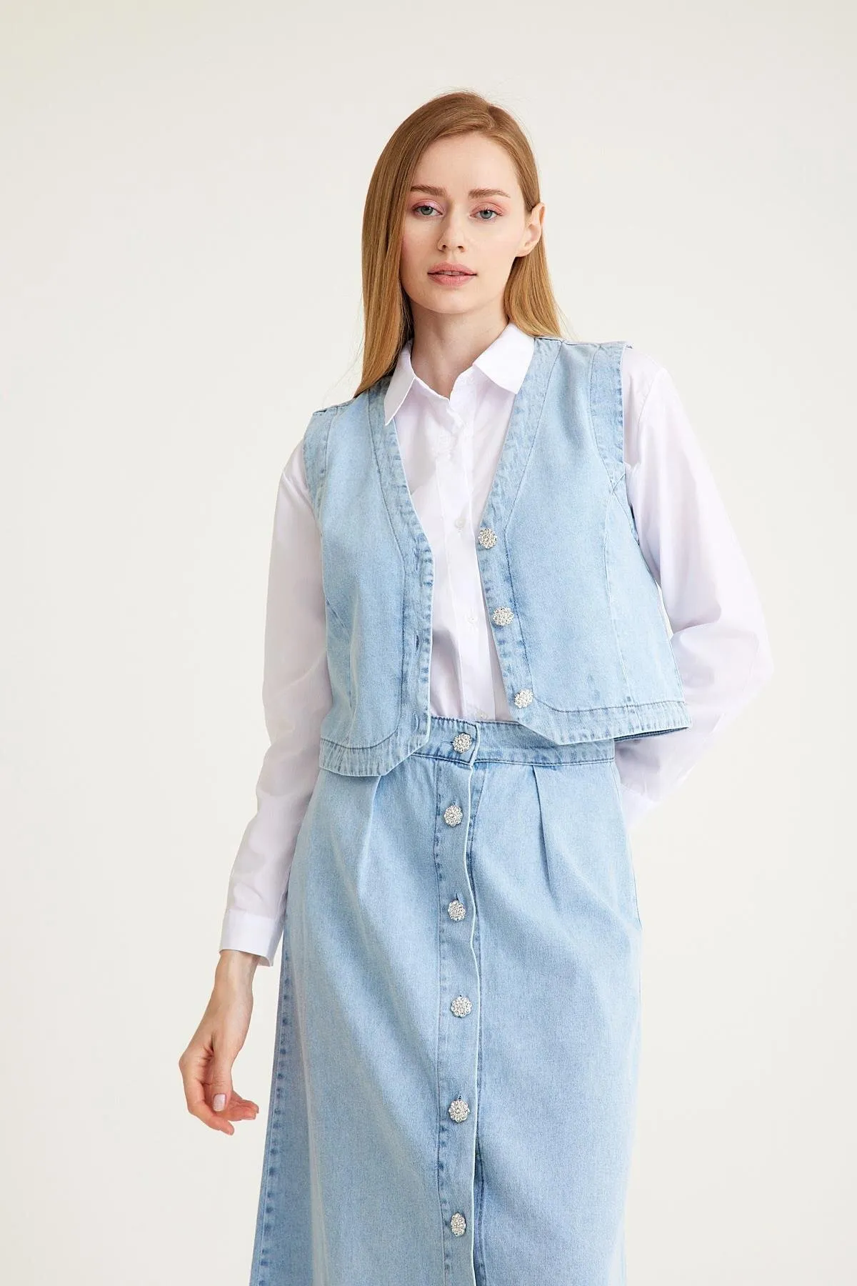 Olcay  BLAUES Jeans-Set – Weste, Hemd und Rock mit Steindetails 9228-YTK