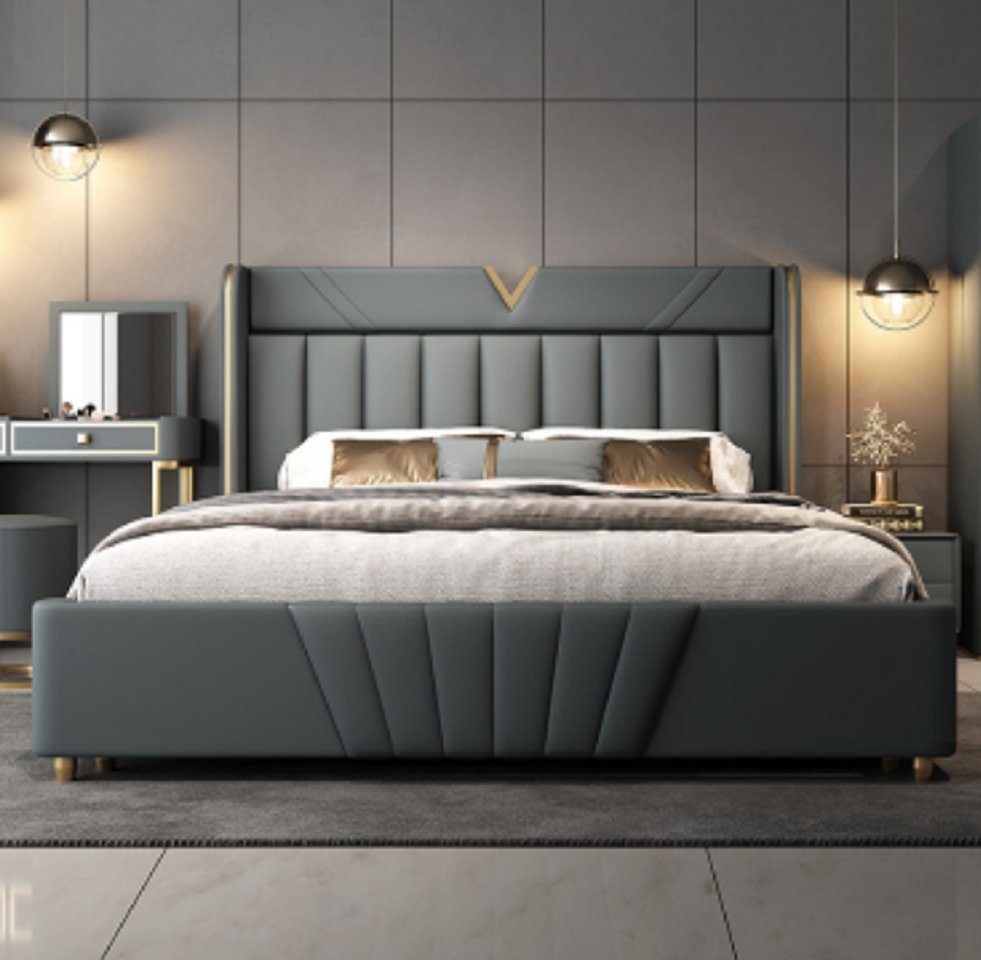 JVmoebel Bett Schlafzimmer Graues Bett Designer Möbel Luxus Materialien Holzgestell (1-tlg., Nur Bett), Made in Europa