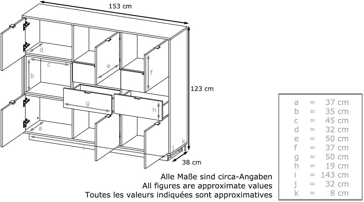 Vladon Highboard Metro (Highboard, mit 6 Türen, 4 Schubladen und 1 offenem Fach), Weiß Hochglanz (153 x 123 x 38 cm)