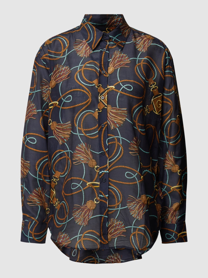 Bluse aus Baumwoll-Seide-Mix mit Allover-Muster in marineblau