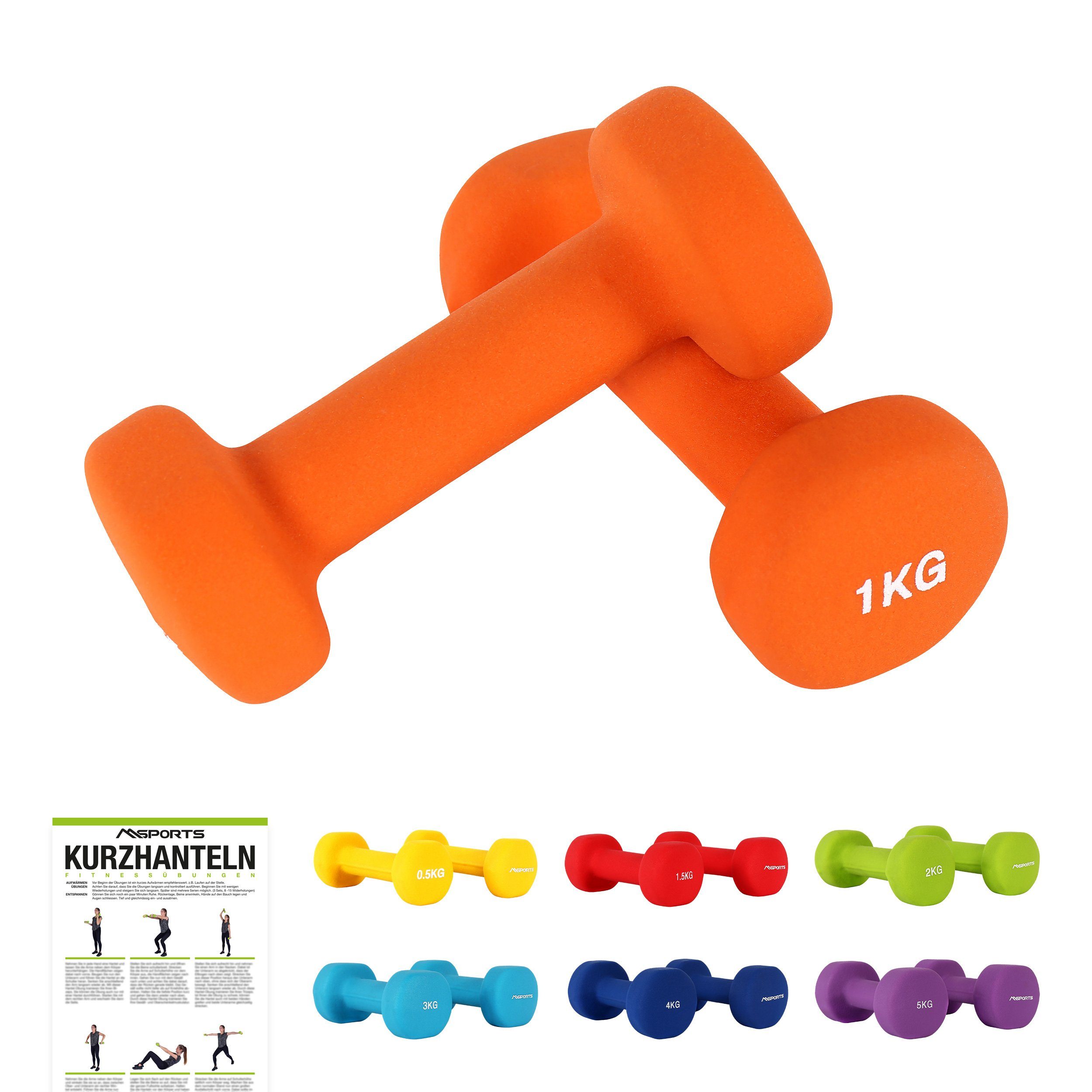 MSports® Hantel Hantelset Neopren 2er Set 0,5 – 5 kg Paar inkl. Übungsposter