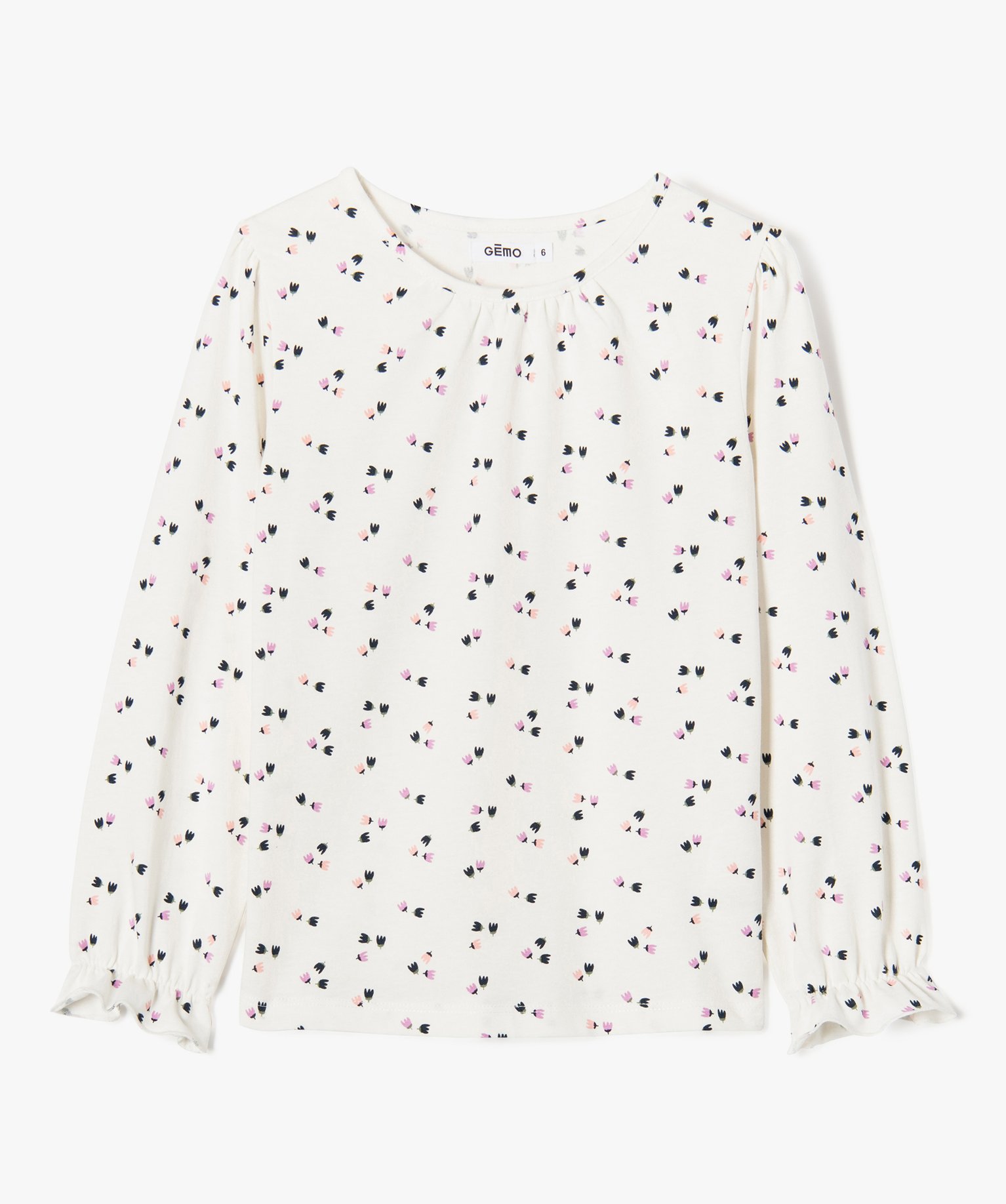 Tee-shirt fille à manches longues avec manches froncées ecru | GEMO