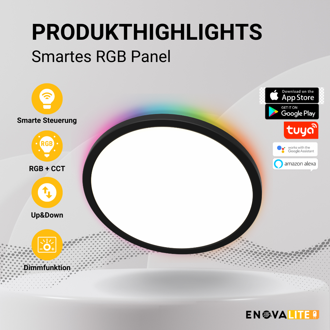 ENOVALITE Smartes RGB Panel Up&Down, 18W, ø290mm, Wifi, Tuya App, CCT, dimmbar