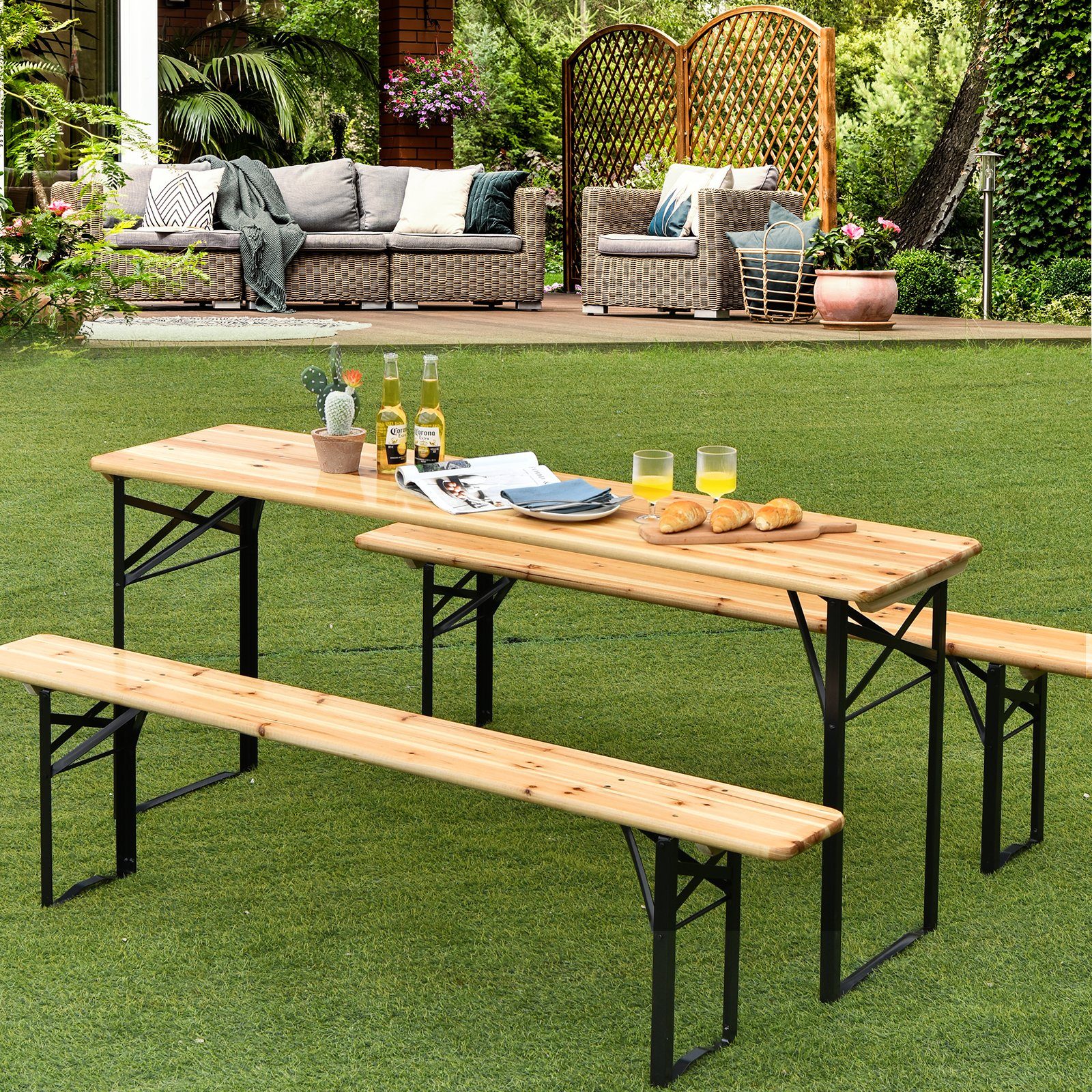 COSTWAY Bierzeltgarnitur, (3-tlg), Campingtisch Metallrahmen, 178x46x76cm