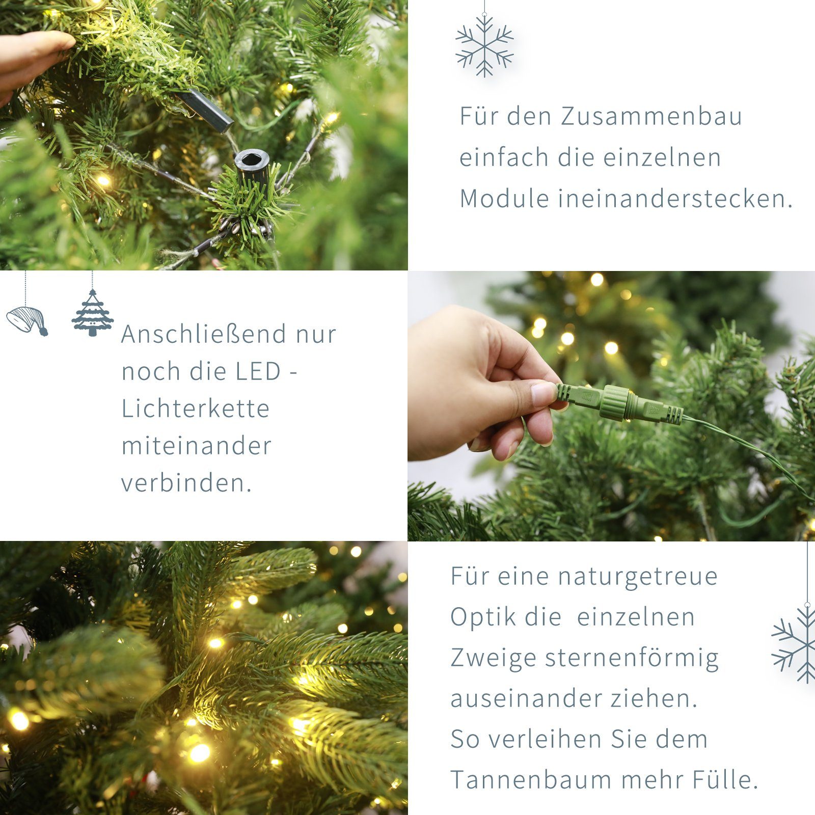 TAB Künstlicher Weihnachtsbaum PE Tannenbaum mit Holzständer Weihnachtsbaum Christbaum, Höhe 180 cm, Mit 1000 PE+PVC Spitzen, 400 warme LED-Lichter und 8 Lichtmodi