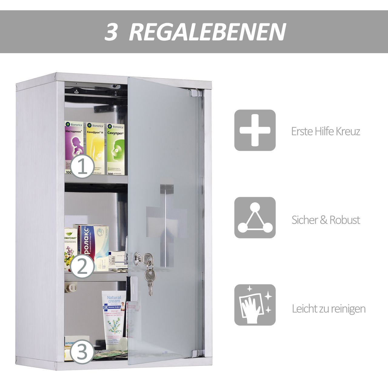 HOMCOM Medizinschrank Arzneischrank Erste Hilfe Schrank mit Schloss Edelstahl 30 x 18 x 50 cm