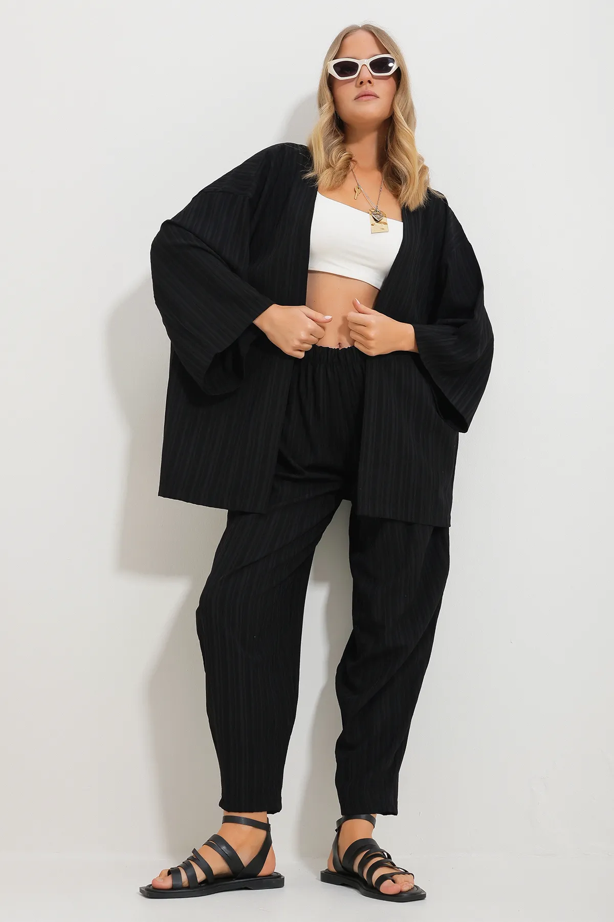 Trend Alaçatı Stili  Damen-Kimono-Jacke mit lockerer Passform, gewebt, Schwarz, Doppelanzug, Alc-X11694