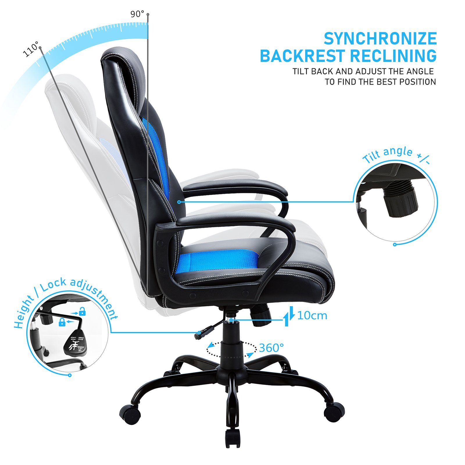E.For.U Gaming-Stuhl F003, Ergonomischer höhenverstellbarer Gaming Stuhl