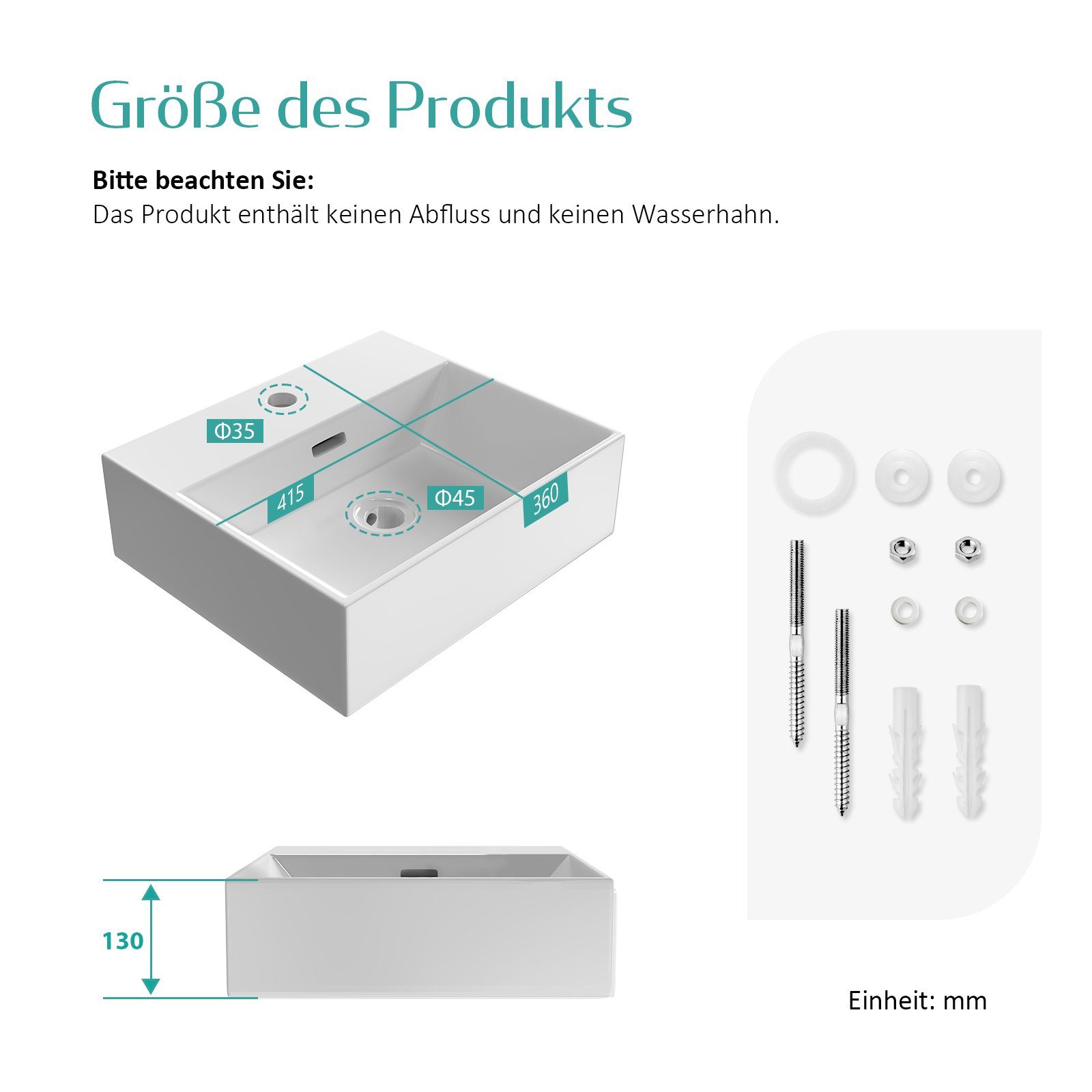 EMKE Aufsatzwaschbecken Keramik Waschbecken Eckiger Hängewaschbecken Waschtisch, Modernes Design fürs Badezimmer mit Hahnlöcher Weiß Glänzend