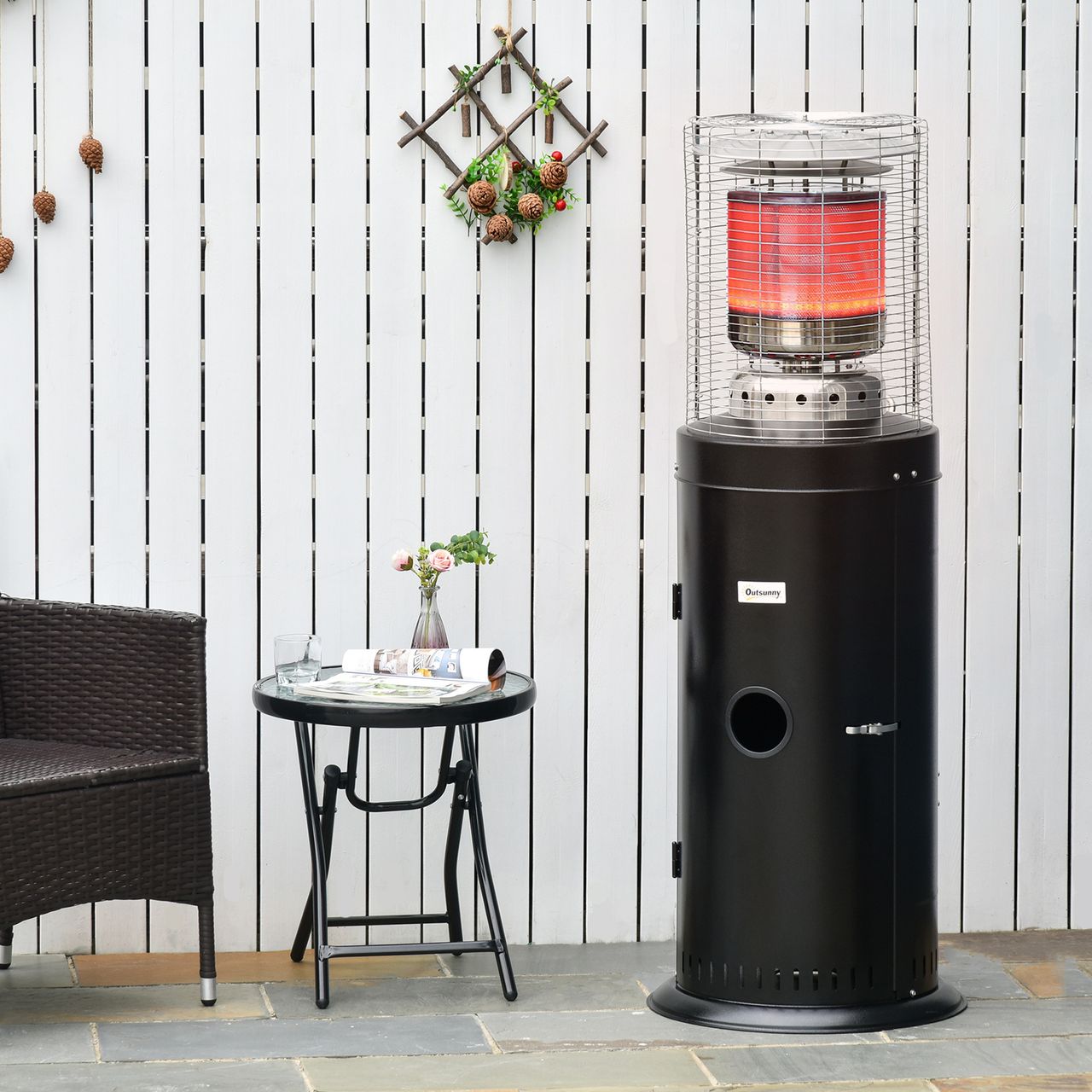 Outsunny Heizstrahler Terrassenheizer mit Handgriff Rädern rollbar Gas 10kW Metall Schwarz Ø55,6 x 143 cm