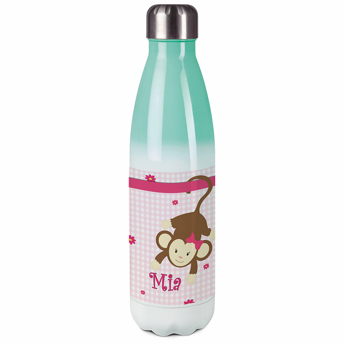 Edelstahl Kinder Thermoflasche / Trinkflasche bunt Affe hängend Farbe rosa Spülmaschinenfest, Auslaufsicher, Bruchfest, Doppelwandig, Für Heißgetränke geeignet, Mit Deckel, Isoliert