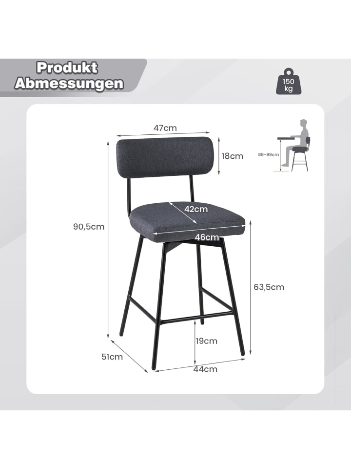 COSTWAY 2er Set Barhocker drehbar 47 x 51 x 90,5 cm in Grau günstig kaufen onesize