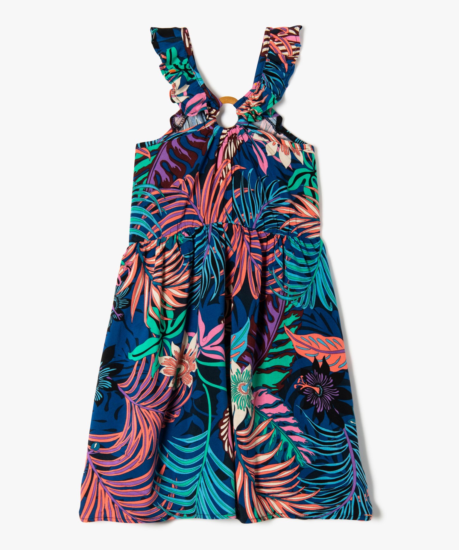 Robe trapèze à bretelles volantées imprimé fleuri fille bleu | GEMO