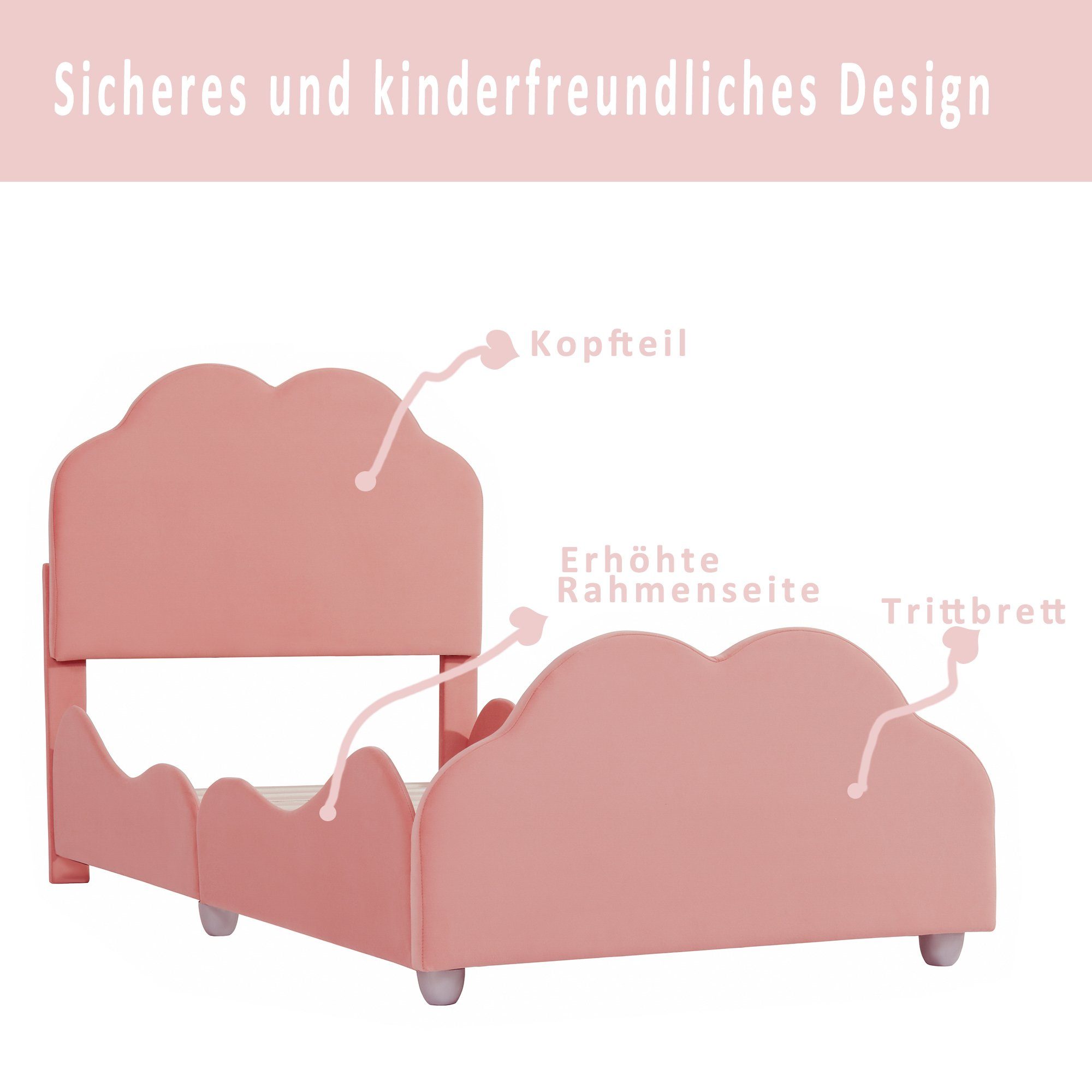 Flieks Kinderbett, süße Wolkenform Einzelbett Polsterbett 90x200cm Samt